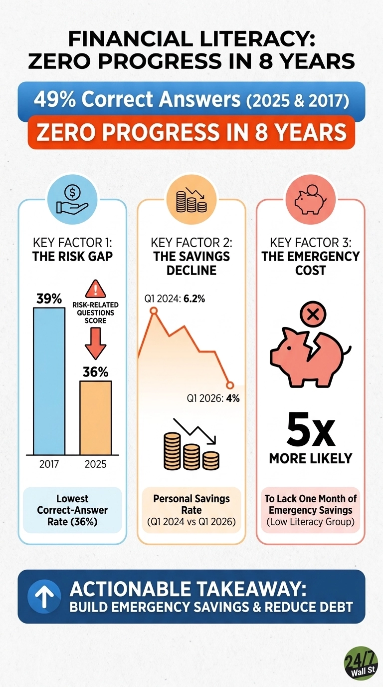 An infographic titled 'FINANCIAL LITERACY: ZERO PROGRESS IN 8 YEARS'. The top section highlights '49% Correct Answers (2025 & 2017)' in a blue banner and 'ZERO PROGRESS IN 8 YEARS' in an orange banner. Below are three columns detailing key factors. 'KEY FACTOR 1: THE RISK GAP' shows a bar chart comparing risk-related questions scores: 39% in 2017 and 36% in 2025, noting 36% as the 'Lowest Correct-Answer Rate'. 'KEY FACTOR 2: THE SAVINGS DECLINE' features a line graph depicting Personal Savings Rate, showing Q1 2024 at 6.2% and Q1 2026 at 4%, with an icon of declining coin stacks. 'KEY FACTOR 3: THE EMERGENCY COST' displays a broken pink piggy bank icon with text '5x MORE LIKELY To Lack One Month of Emergency Savings (Low Literacy Group)'. The bottom banner states 'ACTIONABLE TAKEAWAY: BUILD EMERGENCY SAVINGS & REDUCE DEBT'.