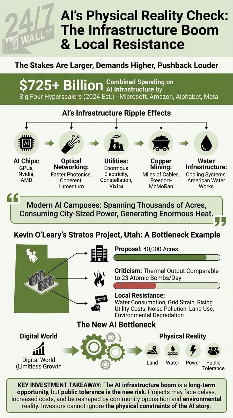An infographic explaining the physical infrastructure needs and environmental impact of the AI boom, highlighting bottlenecks in land, water, and power.