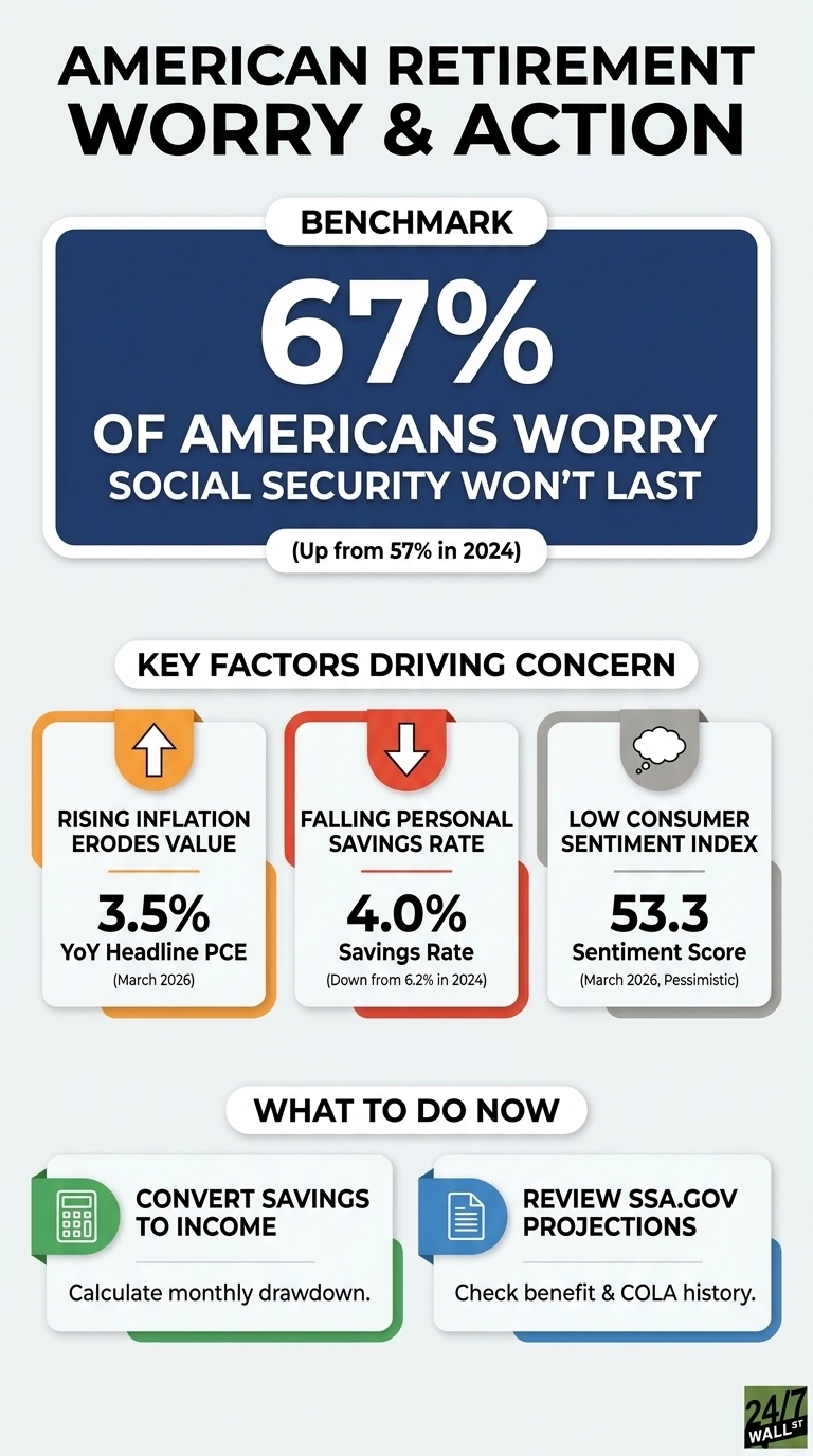 An infographic titled 'AMERICAN RETIREMENT WORRY & ACTION' on a light gray background. A large blue box in the center features the benchmark: '67% OF AMERICANS WORRY SOCIAL SECURITY WON'T LAST' with a note '(Up from 57% in 2024)'. Below this, a section 'KEY FACTORS DRIVING CONCERN' shows three cards. The first, 'RISING INFLATION ERODES VALUE,' has an orange upward arrow, displays '3.5% YoY Headline PCE (March 2026)'. The second, 'FALLING PERSONAL SAVINGS RATE,' has a red downward arrow, shows '4.0% Savings Rate (Down from 6.2% in 2024)'. The third, 'LOW CONSUMER SENTIMENT INDEX,' has a gray thought bubble icon, stating '53.3 Sentiment Score (March 2026, Pessimistic)'. The bottom section, 'WHAT TO DO NOW', presents two white cards: 'CONVERT SAVINGS TO INCOME' with a calculator icon, suggesting 'Calculate monthly drawdown.', and 'REVIEW SSA.GOV PROJECTIONS' with a document icon, advising 'Check benefit & COLA history.'.