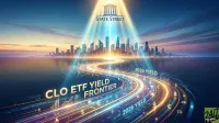 A futuristic digital illustration depicts a glowing, winding pathway adorned with financial symbols like dollar and euro signs, and rising bar charts, leading towards a modern city skyline at dusk. The words 'CLO ETF YIELD FRONTIER' and '2026 YIELD' are prominently displayed on the illuminated path. Above the city, a classical building icon with 'STATE STREET' below it emits a powerful beam of light. The sky above is a gradient of blue and orange, reflecting on the water in front of the city. A '24/7 WALL ST' logo is in the bottom right corner.