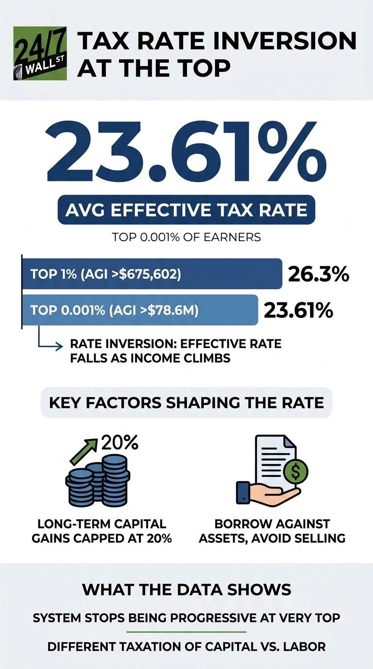 An infographic titled 'TAX RATE INVERSION AT THE TOP' from 24/7 Wall St. displays an average effective tax rate of 23.61% for the top 0.001% of earners. A comparison table shows that the top 1% (AGI >$675,602) pays 26.3%, while the top 0.001% (AGI >$78.6M) pays 23.61%. An arrow indicates 'RATE INVERSION: EFFECTIVE RATE FALLS AS INCOME CLIMBS.' Below, 'KEY FACTORS SHAPING THE RATE' are listed: 'LONG-TERM CAPITAL GAINS CAPPED AT 20%' with an icon of stacked coins and an upward arrow, and 'BORROW AGAINST ASSETS, AVOID SELLING' with an icon of a hand holding a document with a dollar sign. The section 'WHAT THE DATA SHOWS' states: 'SYSTEM STOPS BEING PROGRESSIVE AT VERY TOP' and 'DIFFERENT TAXATION OF CAPITAL VS. LABOR.'