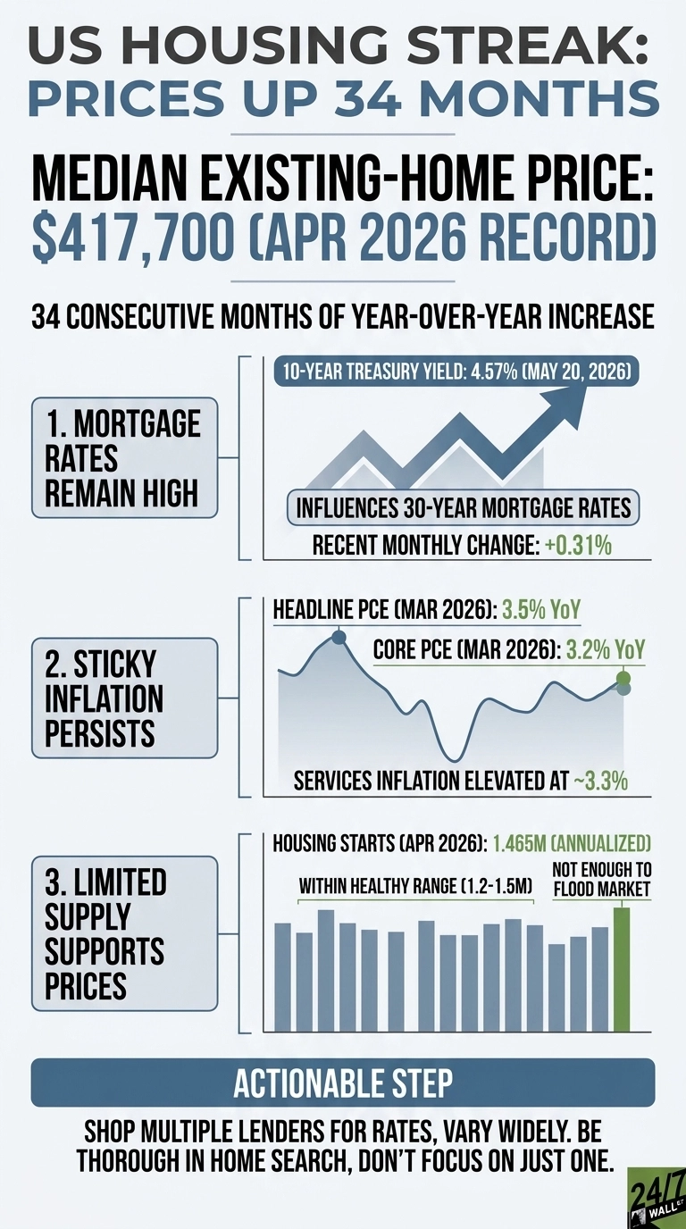 An infographic titled 'US HOUSING STREAK: PRICES UP 34 MONTHS' displays the median existing-home price as $417,700 (APR 2026 RECORD), noting 34 consecutive months of year-over-year increases. It outlines three contributing factors: 1. Mortgage Rates Remain High, showing a line chart with 10-Year Treasury Yield at 4.57% (MAY 20, 2026) and a recent monthly change of +0.31%. 2. Sticky Inflation Persists, represented by a line chart indicating Headline PCE (MAR 2026) at 3.5% YoY, Core PCE (MAR 2026) at 3.2% YoY, and services inflation elevated at ~3.3%. 3. Limited Supply Supports Prices, illustrated with a bar chart showing Housing Starts (APR 2026) at 1.465M (ANNUALIZED), described as being within a healthy range but 'NOT ENOUGH TO FLOOD MARKET'. An actionable step advises to 'SHOP MULTIPLE LENDERS FOR RATES, VARY WIDELY. BE THOROUGH IN HOME SEARCH, DON'T FOCUS ON JUST ONE.'