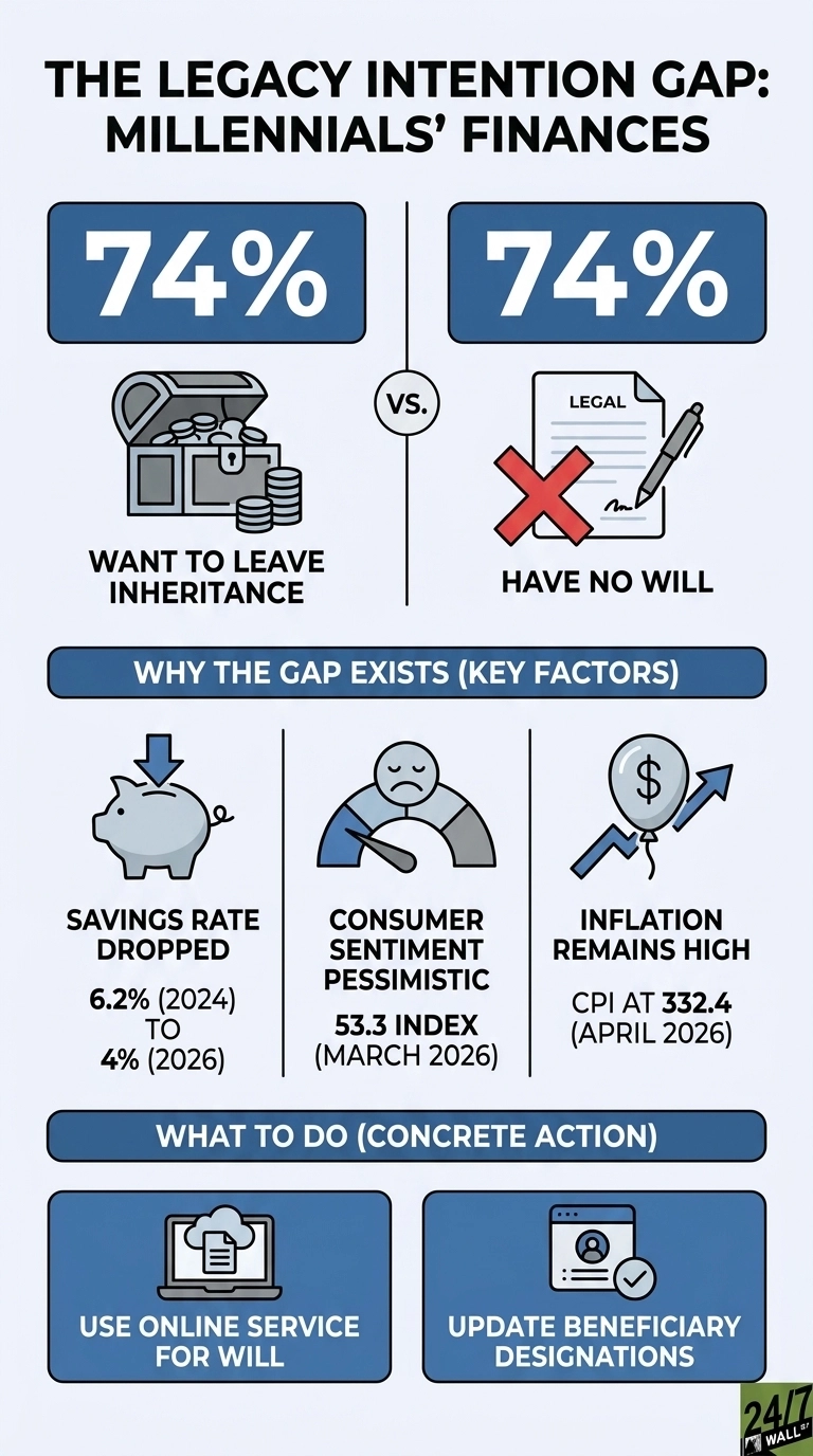 An infographic titled 'THE LEGACY INTENTION GAP: MILLENNIALS' FINANCES' uses a blue and white color scheme. The top section shows two data points: 74% of millennials want to leave an inheritance, represented by a treasure chest with coins, and 74% have no will, represented by a legal document with a red X and a pen. A 'VS.' icon separates these two points. The middle section, titled 'WHY THE GAP EXISTS (KEY FACTORS)', has three panels: 1) 'SAVINGS RATE DROPPED' from 6.2% (2024) to 4% (2026), with a piggy bank and a down arrow. 2) 'CONSUMER SENTIMENT PESSIMISTIC' at a 53.3 index (MARCH 2026), shown by a sad face on a meter. 3) 'INFLATION REMAINS HIGH' with CPI at 332.4 (APRIL 2026), depicted by a dollar sign balloon with an upward arrow. The bottom section, titled 'WHAT TO DO (CONCRETE ACTION)', features two suggestions: 1) 'USE ONLINE SERVICE FOR WILL', with a laptop and cloud document icon. 2) 'UPDATE BENEFICIARY DESIGNATIONS', with a document and profile icon with a checkmark. The 24/7 WALL ST. logo is in the bottom right corner.