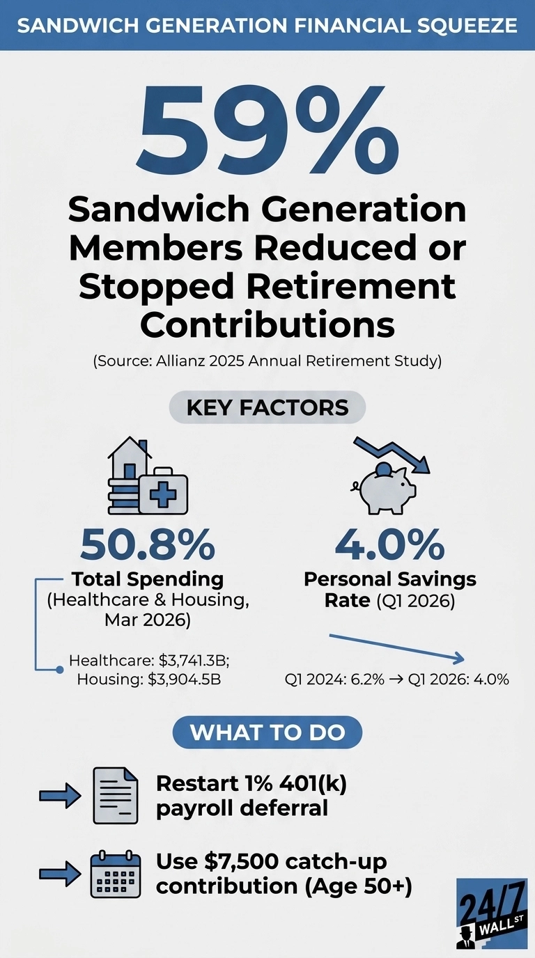 An infographic titled 'Sandwich Generation Financial Squeeze' indicates that 59% of Sandwich Generation Members Reduced or Stopped Retirement Contributions, citing the Allianz 2025 Annual Retirement Study. Under 'KEY FACTORS', it shows 50.8% for Total Spending (Healthcare & Housing, Mar 2026), with Healthcare at $3,741.3B and Housing at $3,904.5B. It also shows a 4.0% Personal Savings Rate (Q1 2026), noting a decline from Q1 2024: 6.2% to Q1 2026: 4.0%. The 'WHAT TO DO' section suggests two actions: Restart 1% 401(k) payroll deferral and Use $7,500 catch-up contribution (Age 50+). The 24/7 Wall St logo is in the bottom right corner.