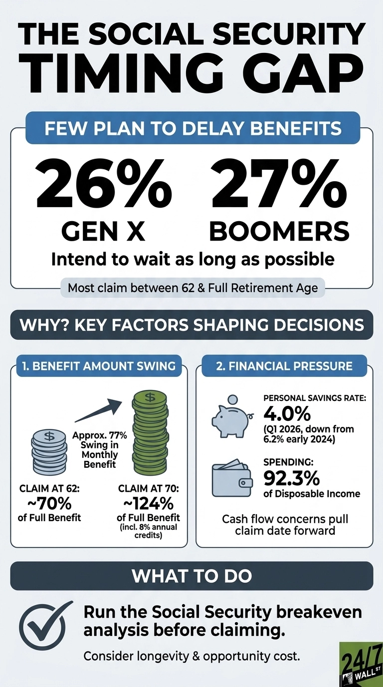 An infographic titled 'THE SOCIAL SECURITY TIMING GAP' on a light gray background. The top section, 'FEW PLAN TO DELAY BENEFITS', shows '26% GEN X' and '27% BOOMERS' intend to wait as long as possible, with a note stating 'Most claim between 62 & Full Retirement Age'. Below, a section 'WHY? KEY FACTORS SHAPING DECISIONS' is divided into two parts. The first, '1. BENEFIT AMOUNT SWING', features two stacks of coins: a small stack for 'CLAIM AT 62: ~70% of Full Benefit' and a tall stack for 'CLAIM AT 70: ~124% of Full Benefit (incl. 8% annual credits)', connected by an arrow indicating 'Approx. 77% Swing in Monthly Benefit'. The second part, '2. FINANCIAL PRESSURE', displays a piggy bank icon with 'PERSONAL SAVINGS RATE: 4.0% (Q1 2026, down from 6.2% early 2024)' and a wallet icon with 'SPENDING: 92.3% of Disposable Income', along with the text 'Cash flow concerns pull claim date forward'. The bottom section, 'WHAT TO DO', has a checkmark icon next to the advice: 'Run the Social Security breakeven analysis before claiming. Consider longevity & opportunity cost.' The 24/7 Wall St logo is in the bottom right corner.