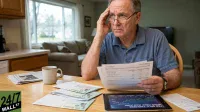 A distressed older man in glasses and a blue polo shirt sits at a wooden table, holding a financial statement and resting his hand on his head. On the table are several white envelopes labeled "US Treasury," a newspaper, a white coffee mug, and a tablet displaying financial charts with "BOND YIELD JUMP" and "FED SPLIT TRIGGERS" visible. The background shows a living room with a couch and a window.