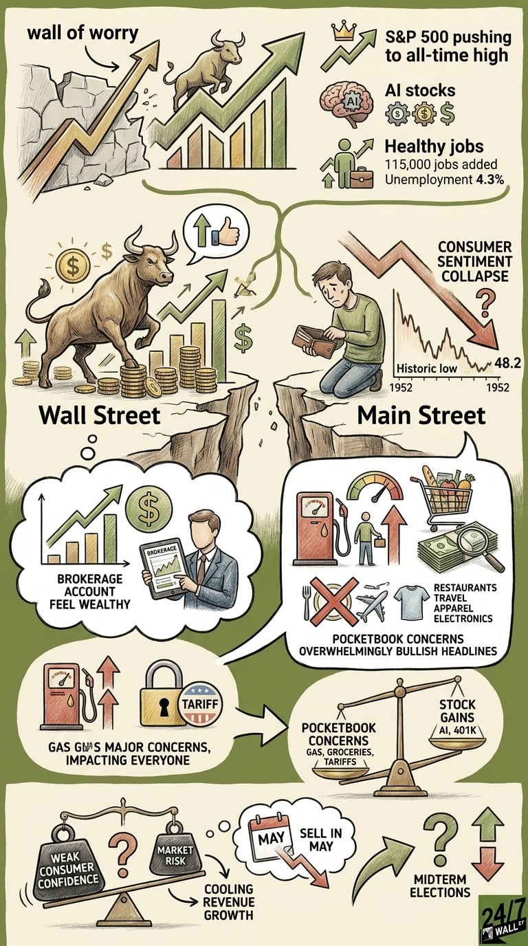 A split infographic comparing a booming stock market represented by a bull and gold coins with a struggling consumer base represented by a man looking into an empty wallet and charts showing a sentiment collapse.
