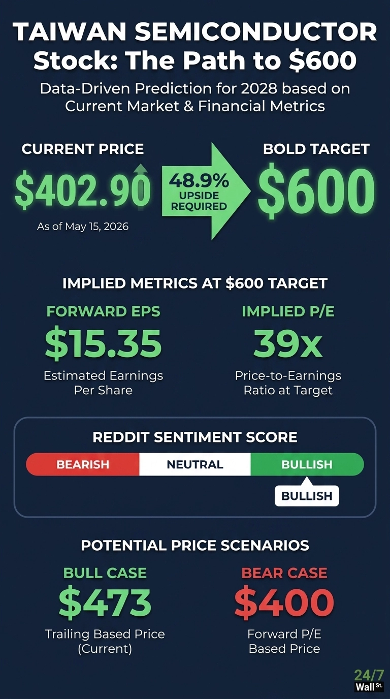 An infographic titled 'Taiwan Semiconductor Stock: The Path to $600', presenting a data-driven prediction for 2028. The top section displays 'CURRENT PRICE $402.90 As of May 15, 2026' with an arrow indicating '48.9% UPSIDE REQUIRED' pointing to a 'BOLD TARGET $600'. Below, 'IMPLIED METRICS AT $600 TARGET' lists 'FORWARD EPS $15.35 Estimated Earnings Per Share' and 'IMPLIED P/E 39x Price-to-Earnings Ratio at Target'. A 'REDDIT SENTIMENT SCORE' bar shows segments for 'BEARISH', 'NEUTRAL', and 'BULLISH', with an indicator positioned on 'BULLISH'. The bottom section details 'POTENTIAL PRICE SCENARIOS': 'BULL CASE $473 Trailing Based Price (Current)' and 'BEAR CASE $400 Forward P/E Based Price'. The overall design uses a dark blue background with bright green text for key financial figures.
