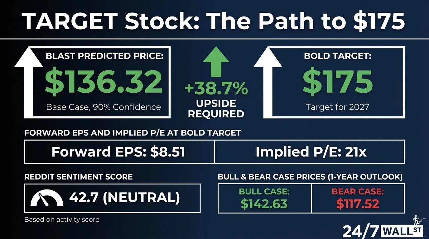 An infographic titled 'TARGET Stock: The Path to $175' on a dark blue background with white and green text. It features several data boxes: 'BLAST PREDICTED PRICE: $136.32 (Base Case, 90% Confidence)' with an upward arrow; '+38.7% UPSIDE REQUIRED'; and 'BOLD TARGET: $175 (Target for 2027)' with an upward arrow. Below these are 'FORWARD EPS AND IMPLIED P/E AT BOLD TARGET' with 'Forward EPS: $8.51' and 'Implied P/E: 21x'. Further down, 'REDDIT SENTIMENT SCORE' shows a gauge pointing to '42.7 (NEUTRAL)' and 'BULL & BEAR CASE PRICES (1-YEAR OUTLOOK)' lists 'BULL CASE: $142.63' and 'BEAR CASE: $117.52'. The bottom right corner has the '24/7 WALL ST' logo.