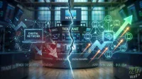 A digitally enhanced image split down the middle by a jagged crack, set against a blurry stock exchange backdrop. The left side, in blue and red tones, depicts a 'DIGITAL NETWORK' with a laptop and user icons, an abstract downward arrow, and text 'TRADE DESK (TTD) - BEARISH'. The right side, in green and blue tones, features an 'AI' brain chip, connected mobile devices, a large upward arrow, smaller orange upward arrows, and text 'APPLOVIN (APP) - BULLISH'. The NYSE logo is visible in the background, and a '24/7 Wall St' logo is in the bottom right corner.