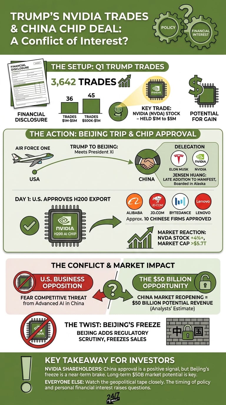 An infographic charting the correlation between Donald Trump's Nvidia stock trades and U.S. chip export policy changes toward China, featuring data on market reactions and key diplomatic events.