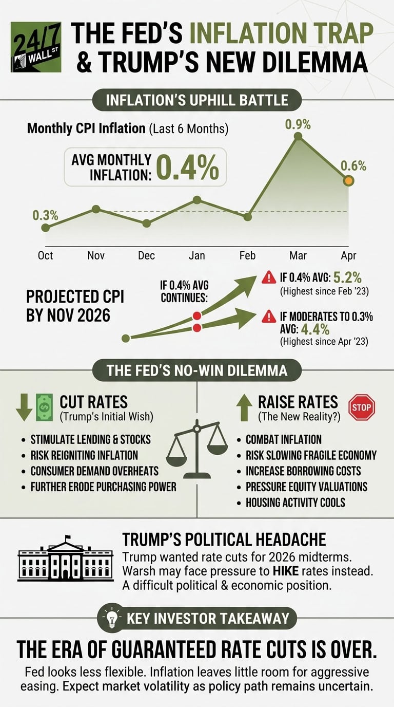 An infographic titled 'The Fed's Inflation Trap' comparing rate cut risks against rate hike risks alongside inflation projection charts.