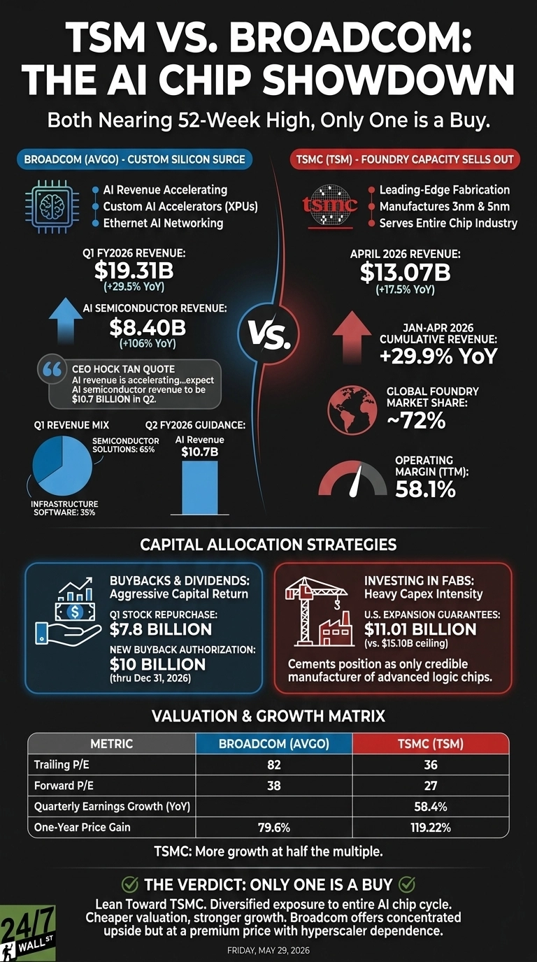 Infographic titled 'TSM VS. BROADCOM: THE AI CHIP SHOWDOWN' on a dark background. It compares Broadcom (AVGO) and TSMC (TSM) across three main sections: company highlights, capital allocation strategies, and valuation & growth matrix. Broadcom's section, in blue, details custom silicon, AI revenue accelerating, Q1 FY2026 revenue of $19.31B (+29.5% YoY), AI semiconductor revenue of $8.40B (+106% YoY), CEO quote on Q2 AI revenue guidance of $10.7B, and Q1 revenue mix (Semiconductor Solutions 65%, Infrastructure Software 35%). TSMC's section, in red, outlines foundry capacity sells out, leading-edge fabrication, manufactures 3nm & 5nm, serves entire chip industry, April 2026 revenue of $13.07B (+17.5% YoY), Jan-Apr 2026 cumulative revenue of +29.9% YoY, global foundry market share of ~72%, and operating margin (TTM) of 58.1%. The capital allocation section shows Broadcom's buybacks & dividends (Q1 stock repurchase $7.8B, new authorization $10B thru Dec 31, 2026) and TSMC's investing in fabs (U.S. expansion guarantees $11.01B vs $15.10B ceiling). The valuation & growth matrix compares Broadcom and TSMC for Trailing P/E (82 vs 36), Forward P/E (38 vs 27), Quarterly Earnings Growth (YoY) (not specified for Broadcom vs 58.4%), and One-Year Price Gain (79.6% vs 119.22%). A final verdict states 'TSMC: More growth at half the multiple' and advises to 'Lean Toward TSMC'.