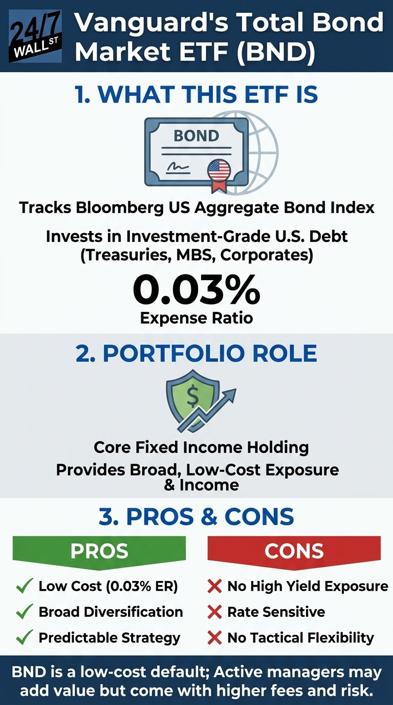 Infographic titled 'Vanguard's Total Bond Market ETF (BND)'. Section 1, 'WHAT THIS ETF IS', describes BND as tracking the Bloomberg US Aggregate Bond Index, investing in Investment-Grade U.S. Debt (Treasuries, MBS, Corporates), with a 0.03% Expense Ratio. An icon shows a bond certificate and globe. Section 2, 'PORTFOLIO ROLE', describes BND as a Core Fixed Income Holding that provides Broad, Low-Cost Exposure & Income. An icon shows a shield with a dollar sign and an upward arrow. Section 3, 'PROS & CONS', lists three pros: Low Cost (0.03% ER), Broad Diversification, and Predictable Strategy, each with a green checkmark. It also lists three cons: No High Yield Exposure, Rate Sensitive, and No Tactical Flexibility, each with a red cross. A footer states, 'BND is a low-cost default; Active managers may add value but come with higher fees and risk.'