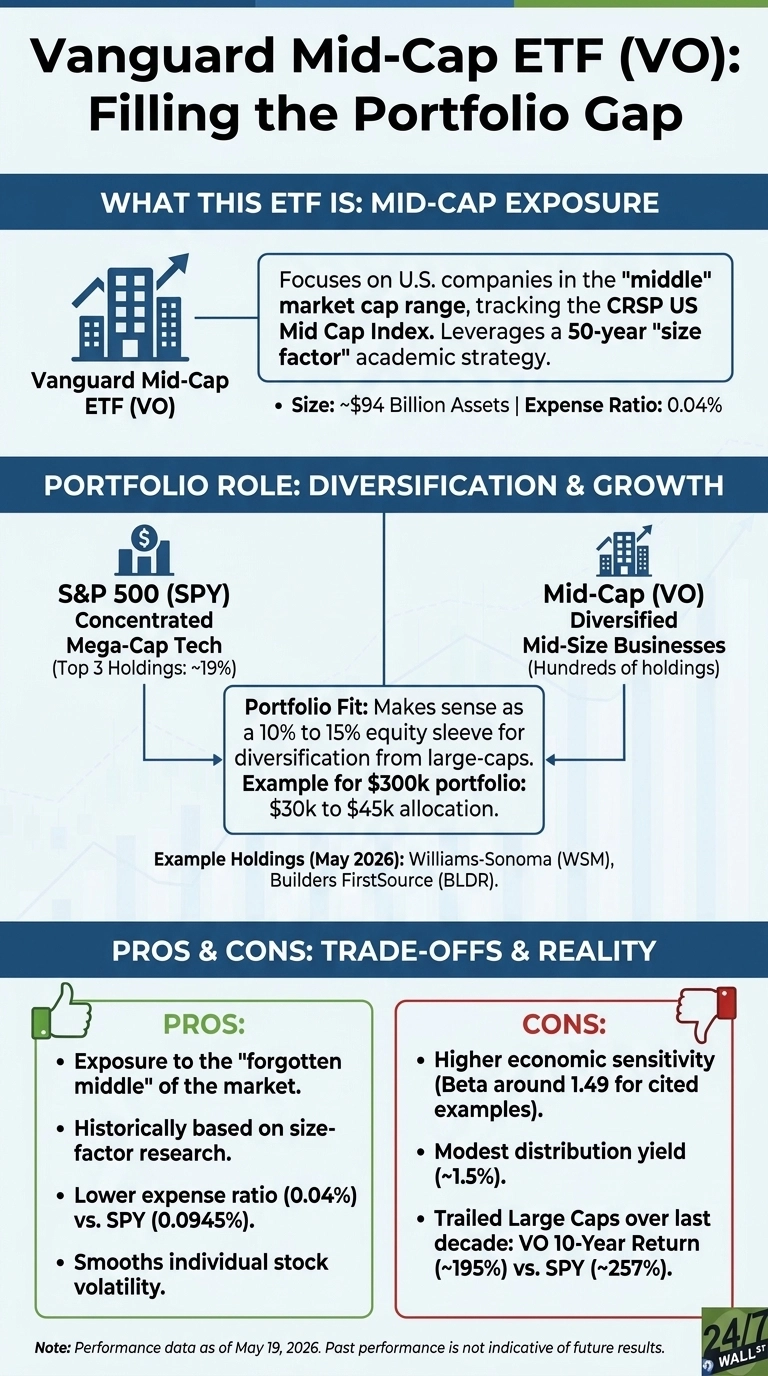 An infographic titled 'Vanguard Mid-Cap ETF (VO): Filling the Portfolio Gap.' It is divided into three main sections: 'WHAT THIS ETF IS: MID-CAP EXPOSURE,' 'PORTFOLIO ROLE: DIVERSIFICATION & GROWTH,' and 'PROS & CONS: TRADE-OFFS & REALITY.'

The first section describes Vanguard Mid-Cap ETF (VO) with an icon of increasing buildings. It states that VO focuses on U.S. companies in the 'middle' market cap range, tracking the CRSP US Mid Cap Index, and leverages a 50-year 'size factor' academic strategy. Key metrics are 'Size: ~$94 Billion Assets' and 'Expense Ratio: 0.04%.'

The second section illustrates the portfolio role. It shows 'S&P 500 (SPY) Concentrated Mega-Cap Tech' with an icon of a building and dollar sign (Top 3 Holdings: ~19%) and 'Mid-Cap (VO) Diversified Mid-Size Businesses' with an icon of increasing buildings (Hundreds of holdings). An arrow from SPY points to a text box labeled 'Portfolio Fit,' which states it 'Makes sense as a 10% to 15% equity sleeve for diversification from large-caps. Example for $300k portfolio: $30k to $45k allocation.' Another arrow points from the text box to VO. Example Holdings (May 2026) are listed as Williams-Sonoma (WSM) and Builders FirstSource (BLDR).

The third section presents 'PROS' and 'CONS' in two distinct boxes. The PROS, under a thumbs-up icon, are: 'Exposure to the 