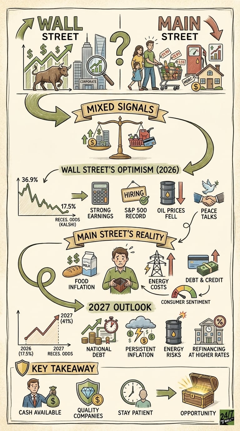 A detailed infographic titled 'Wall Street vs. Main Street' illustrating the contrast between high stock market earnings and high consumer costs for food and energy.
