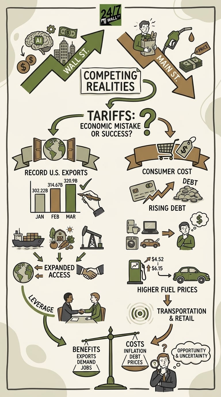 An infographic titled 'Competing Realities' comparing the upward trajectory of Wall Street against the downward pressure on Main Street, using icons of trade, fuel pumps, and a balancing scale to illustrate the impact of tariffs.