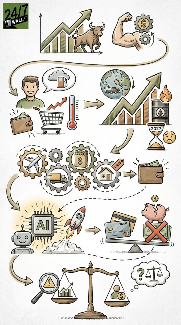 A hand-drawn style infographic showing various economic symbols including a bull market, rising gas prices, a rocket labeled AI, and a scale weighing market gains against a struggling consumer.