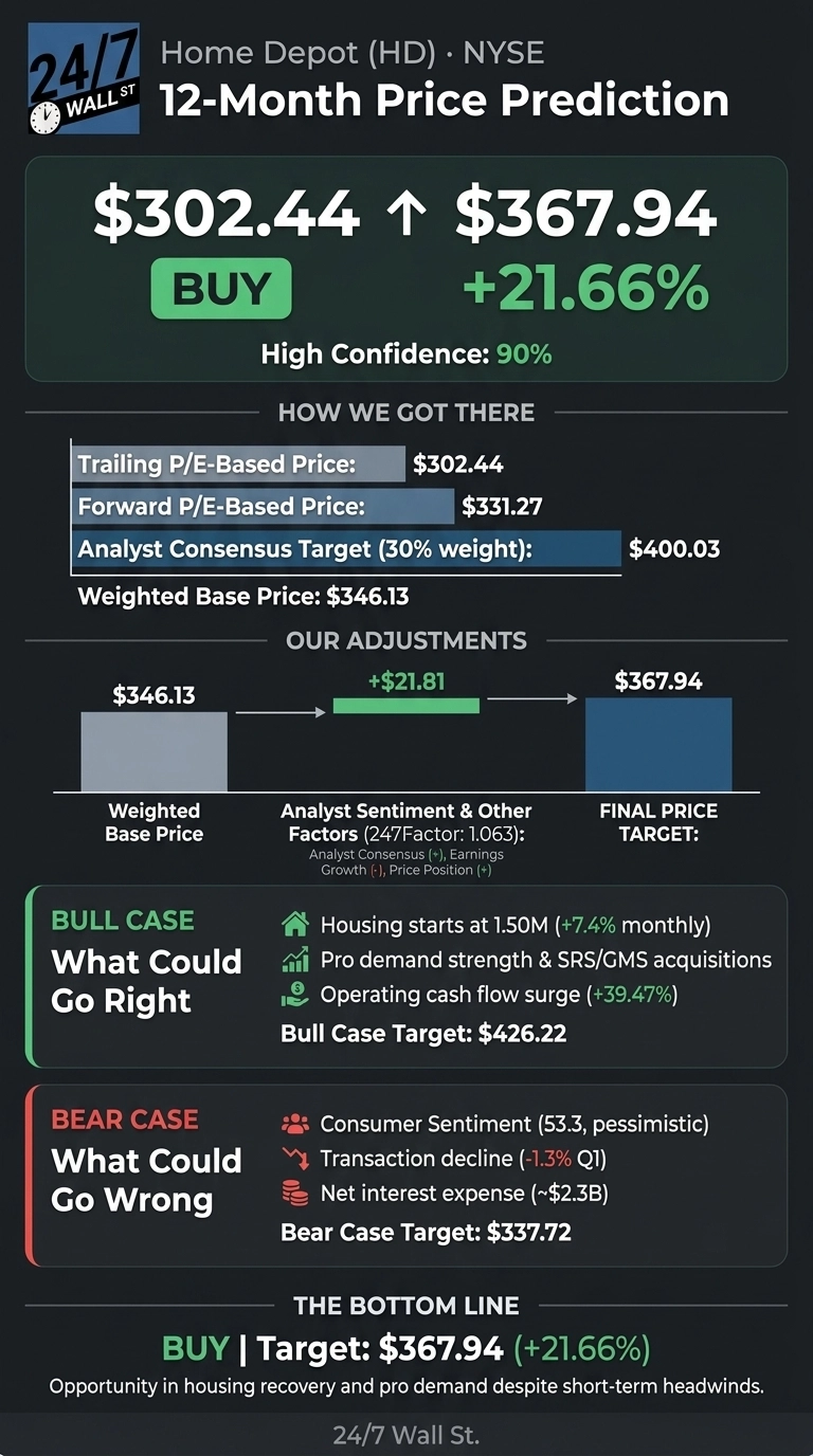 An infographic with a dark background providing a 12-month price prediction for Home Depot (HD) stock. The title reads 'Home Depot (HD) - NYSE 12-Month Price Prediction'. A large section highlights the current price of $302.44, an upward arrow, and a target price of $367.94, with a 'BUY' recommendation and '+21.66%' gain, stating 'High Confidence: 90%'. Below, a 'How We Got There' section lists: Trailing P/E-Based Price: $302.44, Forward P/E-Based Price: $331.27, and Analyst Consensus Target (30% weight): $400.03, leading to a Weighted Base Price: $346.13. An 'Our Adjustments' section visualizes a bar starting at $346.13, showing an increase of +$21.81, leading to a Final Price Target: $367.94. This adjustment is based on 'Analyst Sentiment & Other Factors (247Factor: 1.063)', considering Analyst Consensus (+), Earnings Growth (-), and Price Position (+). Two additional sections detail 'BULL CASE: What Could Go Right' with a target of $426.22 (Housing starts, Pro demand, Operating cash flow surge) and 'BEAR CASE: What Could Go Wrong' with a target of $337.72 (Consumer Sentiment, Transaction decline, Net interest expense). The 'THE BOTTOM LINE' reiterates 'BUY | Target: $367.94 (+21.66%)' with a summary text about opportunity in housing recovery. The source is '24/7 Wall St.'.