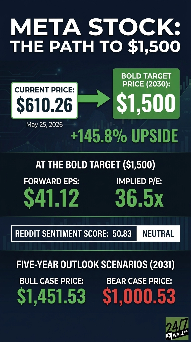An infographic titled 'META STOCK: THE PATH TO $1,500' on a dark blue background. It displays the 'Current Price: $610.26' as of 'May 25, 2026', pointing with a green arrow to the 'BOLD TARGET PRICE (2030): $1,500'. Below this, '+145.8% UPSIDE' is shown. A section on 'AT THE BOLD TARGET ($1,500)' details 'FORWARD EPS: $41.12' and 'IMPLIED P/E: 36.5x'. Further down, 'REDDIT SENTIMENT SCORE: 50.83' is labeled as 'NEUTRAL'. The 'FIVE-YEAR OUTLOOK SCENARIOS (2031)' section presents 'BULL CASE PRICE: $1,451.53' in green and 'BEAR CASE PRICE: $1,000.53' in red. The 24/7 Wall St. logo is in the bottom right.