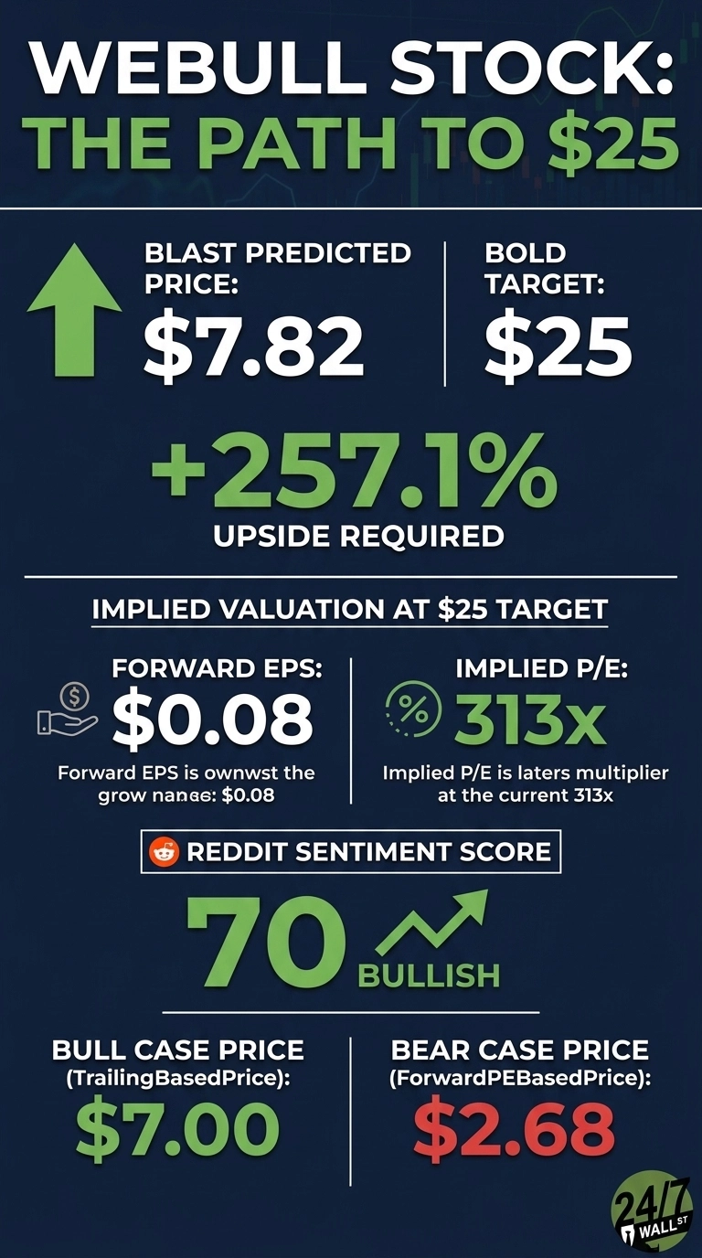 An infographic titled 'Webull Stock: The Path to $25' on a dark blue background with green and white text. It displays a Blast Predicted Price of $7.82 with a large green upward arrow, and a Bold Target of $25. Below this, it shows '+257.1% Upside Required'. Implied Valuation at $25 Target includes Forward EPS of $0.08 and Implied P/E of 313x, which is noted as the latter's multiplier. A Reddit Sentiment Score is shown as 70 Bullish with an upward trending graph icon and the Reddit logo. At the bottom, a Bull Case Price (TrailingBasedPrice) is $7.00 in green, and a Bear Case Price (ForwardPEBasedPrice) is $2.68 in red. The 24/7 Wall St. logo is in the bottom right corner.