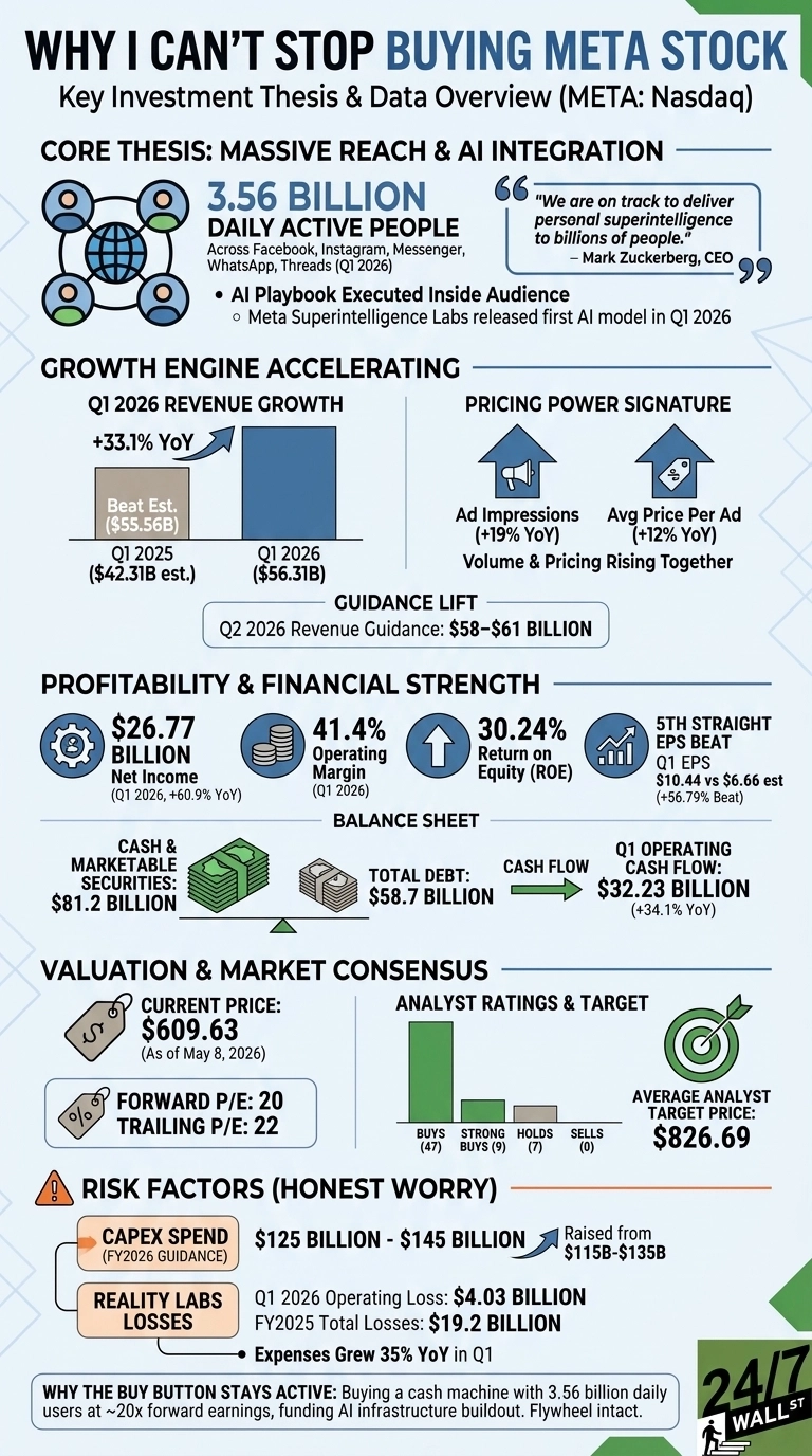 An infographic titled 'Why I Can't Stop Buying META Stock' provides a Key Investment Thesis & Data Overview for Meta Platforms (META: Nasdaq). The infographic is designed with distinct sections using text, icons, and bar charts on a light blue background with green and orange accents. Sections include: 'Core Thesis: Massive Reach & AI Integration' with an icon representing global users and text stating '3.56 Billion Daily Active People (Q1 2026)' and a quote from Mark Zuckerberg. 'Growth Engine Accelerating' shows a bar chart for Q1 2026 Revenue Growth (+33.1% YoY) contrasting Q1 2025 and Q1 2026 estimated revenues. Icons illustrate 'Pricing Power Signature' with 'Ad Impressions (+19% YoY)' and 'Avg Price Per Ad (+12% YoY)', and lists Q2 2026 Revenue Guidance. 'Profitability & Financial Strength' displays financial metrics like Net Income, Operating Margin, Return on Equity (ROE), and EPS Beat data with corresponding icons. The 'Balance Sheet' subsection shows cash, debt, and operating cash flow figures. 'Valuation & Market Consensus' presents the current price as of May 8, 2026, forward and trailing P/E ratios, and a bar chart detailing analyst ratings (Buys, Strong Buys, Holds, Sells) alongside the average analyst target price. 'Risk Factors (Honest Worry)' highlights CAPEX Spend (FY2026 Guidance) and Reality Labs Losses with specific financial figures. A concluding statement reiterates the reasons for continued investment. The 24/7 Wall St logo is in the bottom right corner.