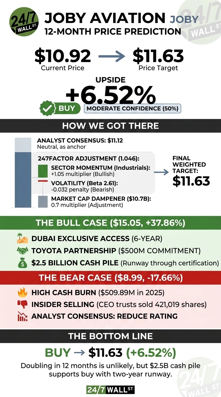 An infographic titled 'Joby Aviation 12-Month Price Prediction' by 24/7 Wall St. It shows a current price of $10.92, an arrow pointing to a price target of $11.63, and an upside of +6.52% with a 'Buy' recommendation and moderate confidence (50%). The 'How We Got There' section shows an analyst consensus of $11.12, and 247Factor adjustments (1.046) detailed by a bar chart. These adjustments include sector momentum (Industrials) with a +1.05 multiplier (Bullish), volatility (Beta 2.61) with a -0.032 penalty (Bearish), and a market cap dampener ($10.7B) with a 0.7 multiplier (Adjustment). The final weighted target is $11.63. The 'The Bull Case' section lists factors leading to a $15.05 (+37.86%) target: Dubai Exclusive Access (6-Year), Toyota Partnership ($500M commitment), and $2.5 Billion Cash Pile (Runway through certification). The 'The Bear Case' section lists factors leading to an $8.99 (-17.66%) target: High Cash Burn ($509.89M in 2025), Insider Selling (CEO trusts sold 421,019 shares), and Analyst Consensus: Reduce Rating. The bottom line reiterates 'Buy -> $11.63 (+6.52%)' and states, 'Doubling in 12 months is unlikely, but $2.5B cash pile supports buy with two-year runway.'