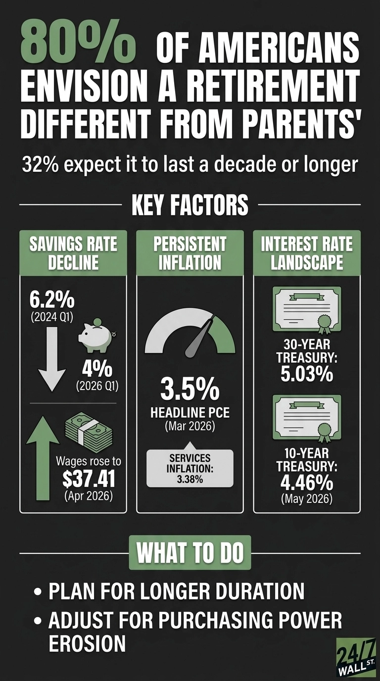 An infographic titled '80% of Americans Envision a Retirement Different from Parents''. Below, it states '32% expect it to last a decade or longer'. The infographic is visually divided into two main sections: 'KEY FACTORS' at the top and 'WHAT TO DO' at the bottom. The 'KEY FACTORS' section features three vertical columns: 1. 'Savings Rate Decline': Shows a downward arrow indicating savings fell from 6.2% (2024 Q1) to 4% (2026 Q1), illustrated with a piggy bank. An upward arrow indicates wages rose to $37.41 (Apr 2026), illustrated with a stack of money. 2. 'Persistent Inflation': Displays a gauge with a needle pointing to 3.5% HEADLINE PCE (Mar 2026), with an additional text box stating 'SERVICES INFLATION: 3.38%'. 3. 'Interest Rate Landscape': Shows two certificate icons. The first is for '30-YEAR TREASURY: 5.03% (May 2026)', and the second is for '10-YEAR TREASURY: 4.46% (May 2026)'. The 'WHAT TO DO' section lists two bullet points: 'PLAN FOR LONGER DURATION' and 'ADJUST FOR PURCHASING POWER EROSION'. The infographic has a dark grey background with text in green and white, and includes the '24/7 WALL ST.' logo in the bottom right corner.