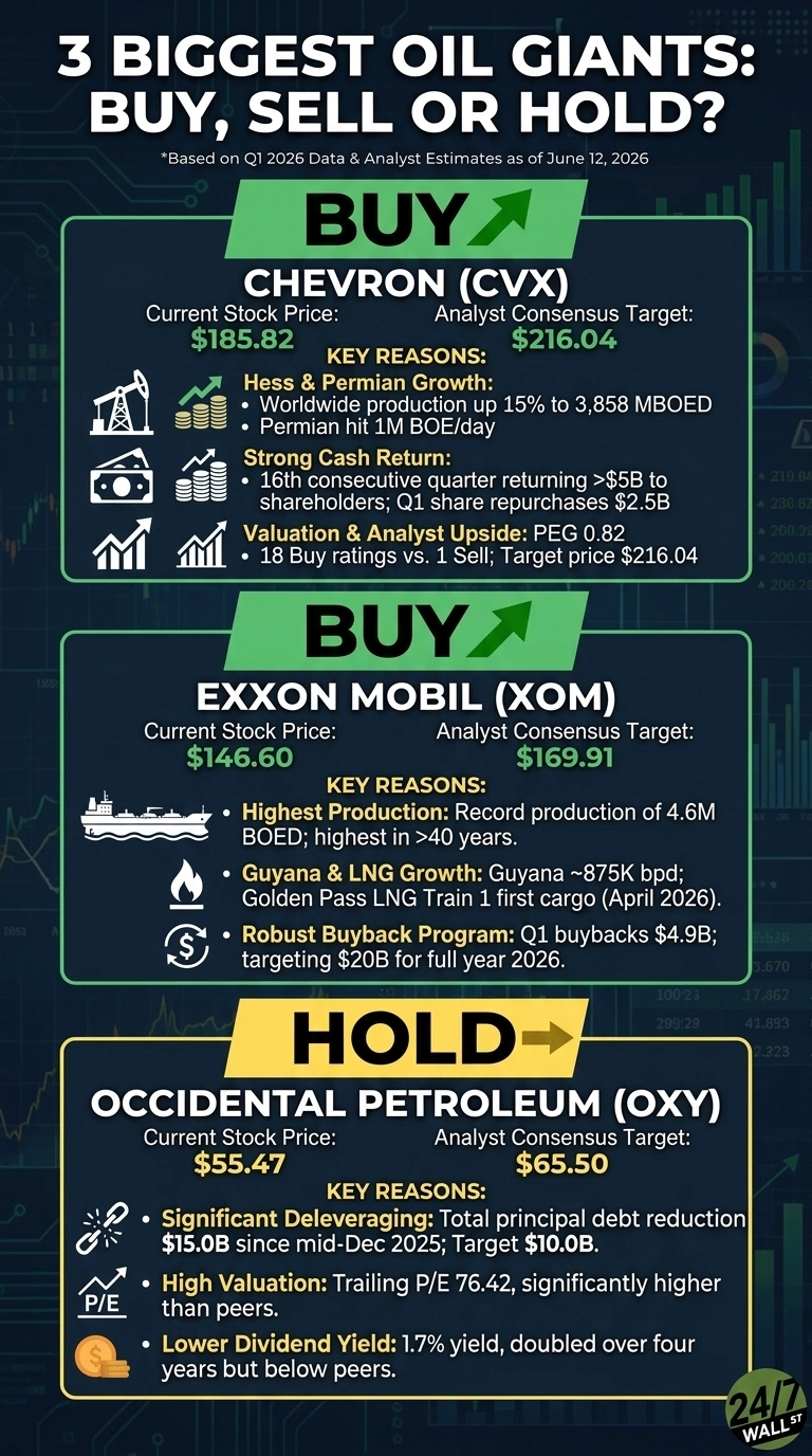 An infographic titled '3 BIGGEST OIL GIANTS: BUY, SELL OR HOLD?' on a dark blue background with subtle circuit board patterns. It is based on Q1 2026 data and analyst estimates as of June 12, 2026. The infographic presents three main sections: Chevron (CVX) is marked 'BUY' in green, showing a current stock price of $185.82 and an analyst consensus target of $216.04, with key reasons listed. Exxon Mobil (XOM) is also marked 'BUY' in green, with a current stock price of $146.60 and an analyst consensus target of $169.91, alongside its key reasons. Occidental Petroleum (OXY) is marked 'HOLD' in yellow, displaying a current stock price of $55.47 and an analyst consensus target of $65.50, with its key reasons detailed. Each section includes relevant icons corresponding to the reasons.
