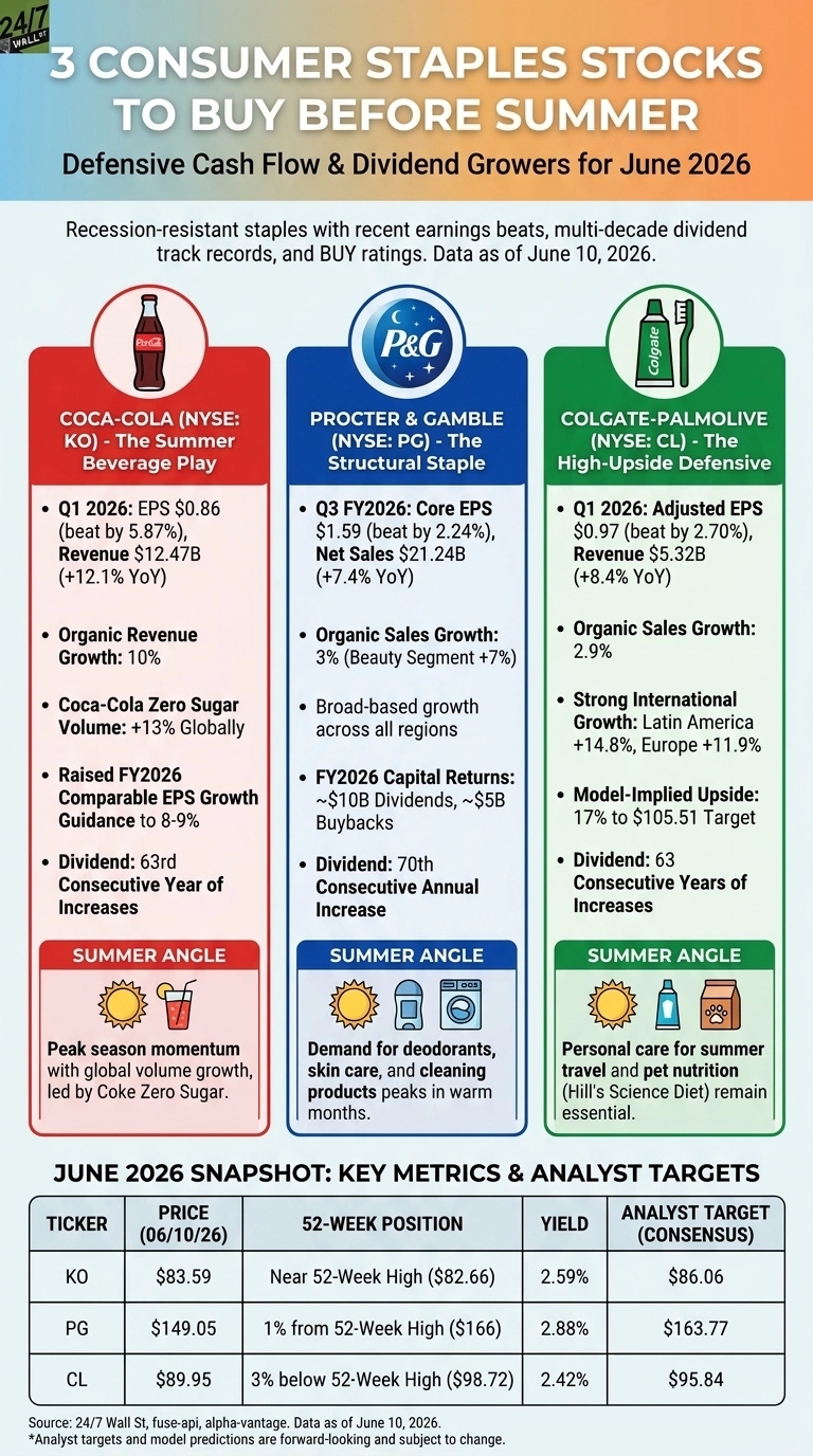 An infographic titled '3 Consumer Staples Stocks to Buy Before Summer' with a subtitle 'Defensive Cash Flow & Dividend Growers for June 2026'. It features three distinct colored panels: a red panel for Coca-Cola (KO), a blue panel for Procter & Gamble (PG), and a green panel for Colgate-Palmolive (CL). Each panel includes the company logo, a brief description, bullet points detailing their Q1 or Q3 FY2026 financial performance, organic growth, dividend history, and a 'Summer Angle' section. Below these panels is a table titled 'JUNE 2026 SNAPSHOT: KEY METRICS & ANALYST TARGETS' with columns for Ticker, Price (06/10/26), 52-Week Position, Yield, and Analyst Target (Consensus) for KO, PG, and CL. The data presented is as of June 10, 2026.