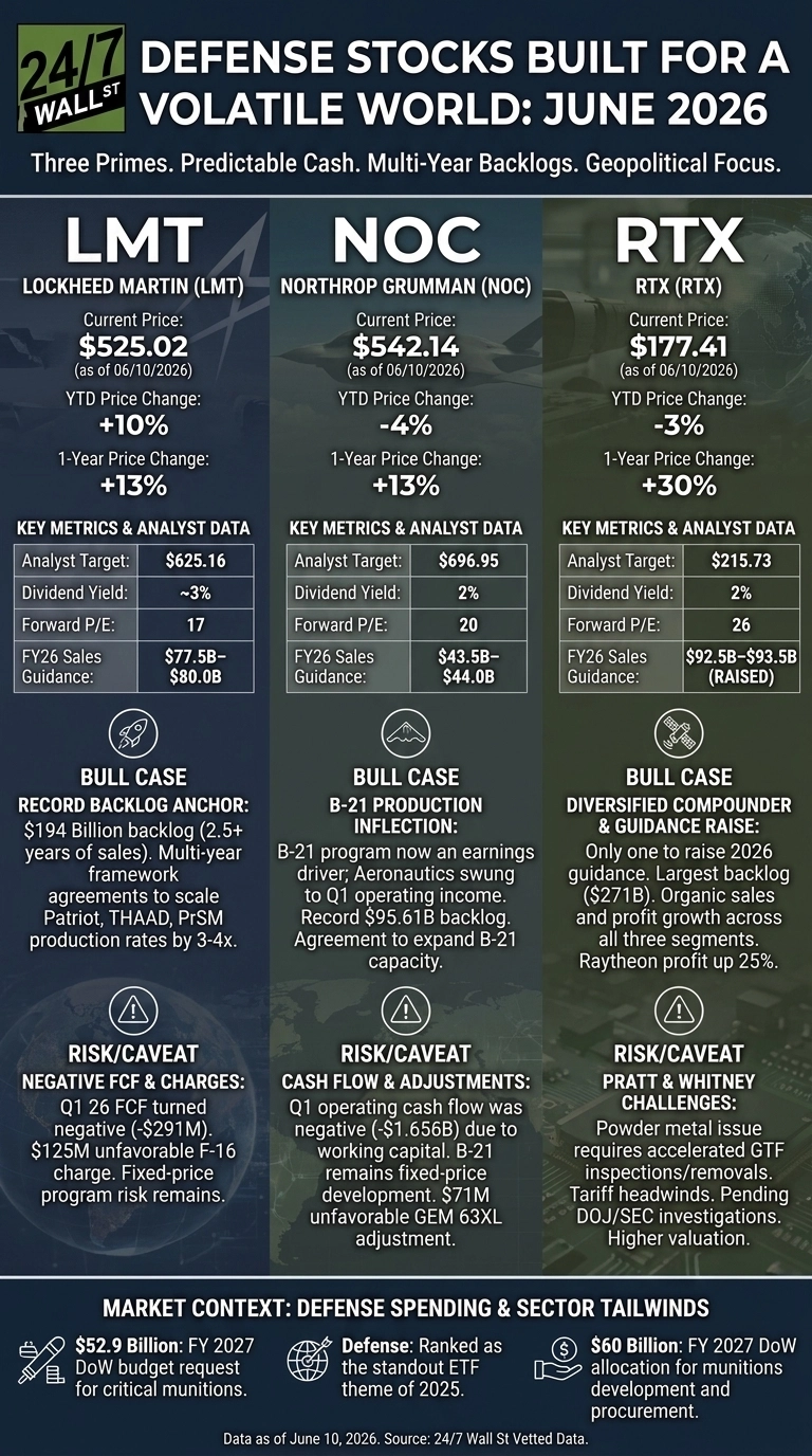 An infographic titled 'Defense Stocks Built for a Volatile World: June 2026'. The infographic is structured into three vertical sections, one for each company: Lockheed Martin (LMT), Northrop Grumman (NOC), and RTX (RTX). Each section displays the company's ticker and full name, current price as of 06/10/2026, YTD price change, and 1-year price change. Below this, a table lists 'Key Metrics & Analyst Data' including Analyst Target, Dividend Yield, Forward P/E, and FY26 Sales Guidance. Further down, there's a 'Bull Case' section with a unique icon for each company, followed by a 'Risk/Caveat' section, also with a unique icon. At the very bottom, a horizontal 'Market Context: Defense Spending & Sector Tailwinds' section presents three bullet points with icons. The background features faint gray outlines of military aircraft.