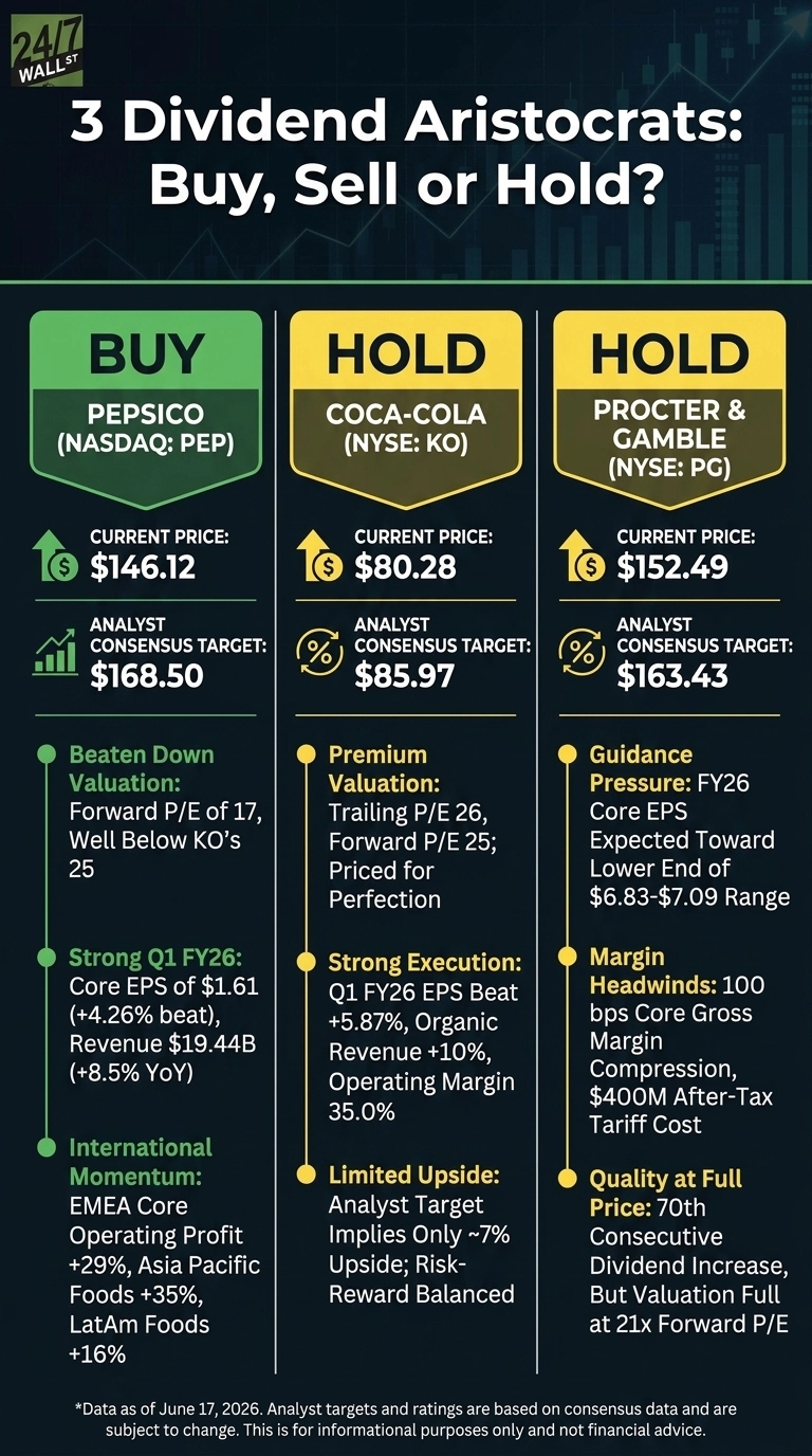An infographic titled '3 Dividend Aristocrats: Buy, Sell or Hold?'. It is structured into three vertical columns, each representing a company. The first column is 'BUY' for PepsiCo (NASDAQ: PEP), showing a current price of $146.12 and an analyst consensus target of $168.50. Reasons listed include Beaten Down Valuation, Strong Q1 FY26, and International Momentum. The second column is 'HOLD' for Coca-Cola (NYSE: KO), with a current price of $80.28 and an analyst consensus target of $85.97. Reasons given are Premium Valuation, Strong Execution, and Limited Upside. The third column is 'HOLD' for Procter & Gamble (NYSE: PG), displaying a current price of $152.49 and an analyst consensus target of $163.43. Reasons include Guidance Pressure, Margin Headwinds, and Quality at Full Price. The infographic states that data is as of June 17, 2026.