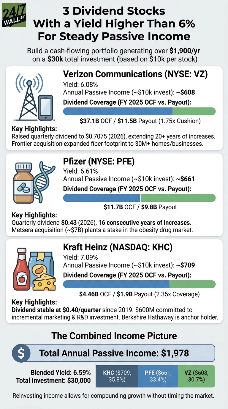 An infographic titled '3 Dividend Stocks With a Yield Higher Than 6% For Steady Passive Income'. It describes building a cash-flowing portfolio generating over $1,900 per year on a $30,000 total investment. The graphic is divided into sections for three stocks. Verizon Communications (NYSE: VZ) is listed with a 6.08% yield, ~$608 annual passive income, FY 2025 OCF of $37.1B vs payout of $11.5B (1.75x cushion), and key highlights about dividend increases and fiber expansion. Pfizer (NYSE: PFE) is listed with a 6.61% yield, ~$661 annual passive income, FY 2025 OCF of $11.7B vs payout of $9.8B, and key highlights about dividend increases and the Metsera acquisition. Kraft Heinz (NASDAQ: KHC) is listed with a 7.09% yield, ~$709 annual passive income, FY 2025 OCF of $4.46B vs payout of $1.9B (2.35x coverage), and key highlights about stable dividends, R&D investment, and Berkshire Hathaway's stake. A final section, 'The Combined Income Picture', shows a total annual passive income of $1,978, a blended yield of 6.59%, and a total investment of $30,000. A stacked bar chart below this indicates income distribution: KHC ($709, 35.8%), PFE ($661, 33.4%), and VZ ($608, 30.7%).