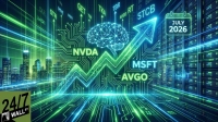A digital illustration in green and blue hues, showing a circuit board pattern with an upward-trending arrow. Prominently displayed stock tickers NVDA, MSFT, and AVGO are along the arrow. A glowing wireframe brain represents AI. In the background, a futuristic city skyline and rows of server racks are visible. A calendar icon at the top right indicates 'JULY 2026'. The bottom left features a '24/7 WALL ST' logo.