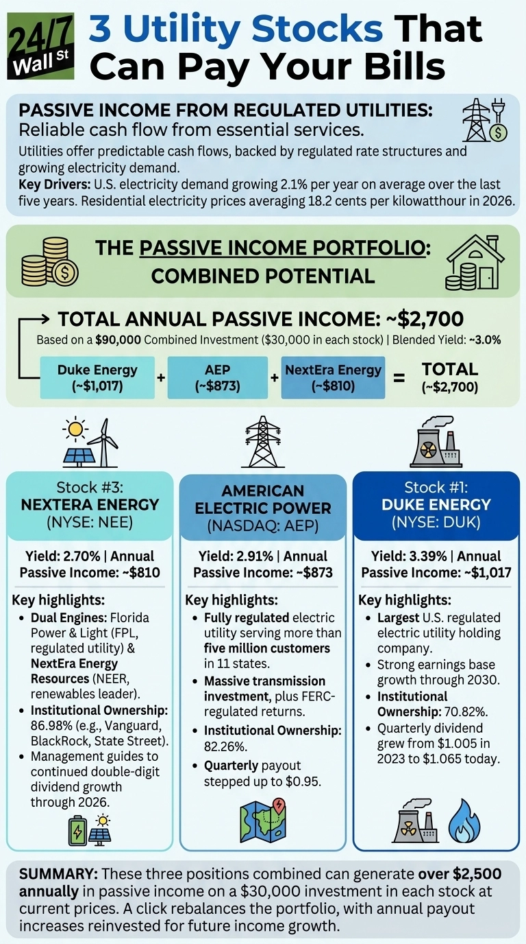 An infographic titled '3 Utility Stocks That Can Pay Your Bills' with a green and white color scheme. The top section describes passive income from regulated utilities, highlighting a U.S. electricity demand growth of 2.1% per year and residential electricity prices averaging 18.2 cents per kilowatthour in 2026. A middle section shows 'THE PASSIVE INCOME PORTFOLIO: COMBINED POTENTIAL' leading to 'TOTAL ANNUAL PASSIVE INCOME: ~$2,700' based on a $90,000 combined investment ($30,000 in each stock) and a blended yield of ~3.0%. This income is broken down into Duke Energy (~$1,017), AEP (~$873), and NextEra Energy (~$810). Below, three vertical blue boxes detail each stock. Stock #3, NextEra Energy (NYSE: NEE), shows a yield of 2.70% and annual passive income of ~$810, with highlights including Dual Engines (FPL and NEER), 86.98% institutional ownership, and management guides for double-digit dividend growth through 2026. American Electric Power (NASDAQ: AEP) shows a yield of 2.91% and annual passive income of ~$873, with highlights including serving over five million customers in 11 states, massive transmission investment, 82.26% institutional ownership, and a quarterly payout stepped up to $0.95. Stock #1, Duke Energy (NYSE: DUK), shows a yield of 3.39% and annual passive income of ~$1,017, with highlights including being the largest U.S. regulated electric utility holding company, strong earnings base growth through 2030, 70.82% institutional ownership, and quarterly dividend growing from $1.005 in 2023 to $1.065 as indicated in the infographic. The bottom summary states these three positions combined can generate over $2,500 annually in passive income on a $30,000 investment in each stock at current prices.