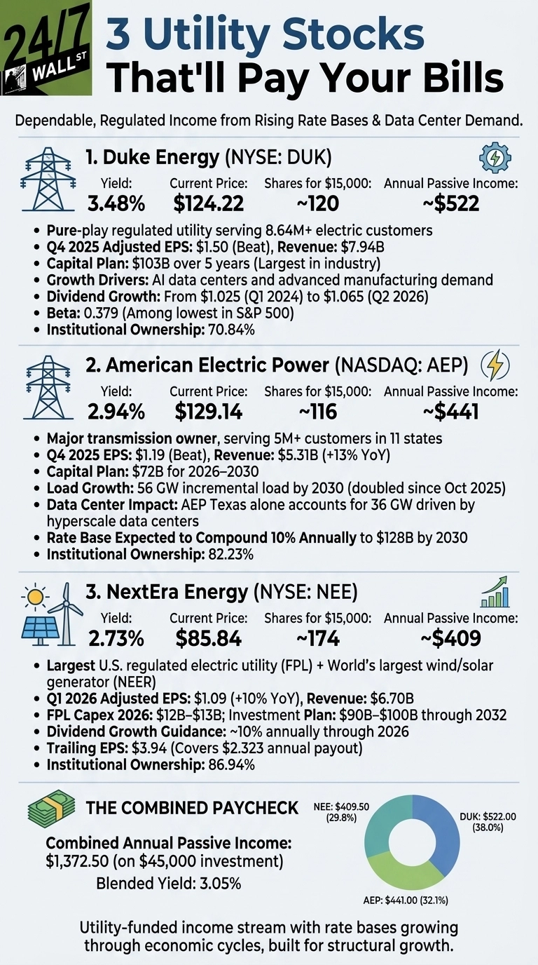 An infographic titled '3 Utility Stocks That'll Pay Your Bills,' highlighting dependable, regulated income. It features three sections, each for a different utility stock. The first section, for Duke Energy (NYSE: DUK), shows a yield of 3.48%, current price of $124.22, approximately 120 shares for a $15,000 investment, and an annual passive income of ~$522. Key details include Q4 2025 Adjusted EPS of $1.50, revenue of $7.94B, and dividend growth from $1.025 (Q1 2024) to $1.065 (Q2 2026). The second section, for American Electric Power (NASDAQ: AEP), displays a yield of 2.94%, current price of $129.14, approximately 116 shares for $15,000, and an annual passive income of ~$441. It notes Q4 2025 EPS of $1.19, revenue of $5.31B, and a capital plan of $72B for 2026-2030. The third section, for NextEra Energy (NYSE: NEE), shows a yield of 2.73%, current price of $85.84, approximately 174 shares for $15,000, and an annual passive income of ~$409. Noteworthy points include Q1 2026 Adjusted EPS of $1.09 and dividend growth guidance of ~10% annually through 2026. A 'COMBINED PAYCHECK' section at the bottom indicates a combined annual passive income of $1,372.50 on a $45,000 investment, with a blended yield of 3.05%. A pie chart illustrates the income distribution: DUK $522.00 (38.0%), AEP $441.00 (32.1%), and NEE $409.50 (29.8%). The infographic concludes with a statement about utility-funded income streams.