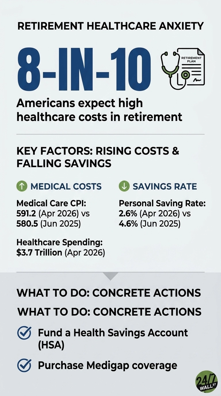 An infographic titled 'RETIREMENT HEALTHCARE ANXIETY' on a light gray background. The main statistic '8-IN-10' is displayed in large blue font, with the text 'Americans expect high healthcare costs in retirement' below it, alongside an icon of a stethoscope and a document labeled 'RETIREMENT PLAN'. A section 'KEY FACTORS: RISING COSTS & FALLING SAVINGS' details two categories. Under 'MEDICAL COSTS' with an green upward arrow: 'Medical Care CPI: 591.2 (Apr 2026) vs 580.5 (Jun 2025)' and 'Healthcare Spending: $3.7 Trillion (Apr 2026)'. Under 'SAVINGS RATE' with a green downward arrow: 'Personal Saving Rate: 2.6% (Apr 2026) vs 4.6% (Jun 2025)'. A final section 'WHAT TO DO: CONCRETE ACTIONS' lists two recommendations with checkmarks: 'Fund a Health Savings Account (HSA)' and 'Purchase Medigap coverage'. The '24/7 WALL ST' logo is in the bottom right corner.