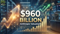A central graphic displays '$960 BILLION Anthropic Valuation' in large golden text. A glowing orange arrow points upwards on the left, while a green arrow indicates an upward trend on a line graph on the right. Bar charts rise from the bottom, and a network of glowing lines connects points across the image, set against a blurred background of a data center with server racks and financial trading screens. A '24/7 WALL ST' logo is in the top left corner.