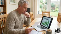 A senior man with gray hair, wearing a beige knitted sweater, sits at a wooden table in a well-lit room, holding reading glasses and papers. He looks focused on the documents in his hands. An open laptop beside him shows a green bar chart labeled 'DIVIDEND' with an upward-pointing arrow, indicating growth. A gray coffee mug is also on the table, and a bookshelf and a bright garden view are visible in the background.