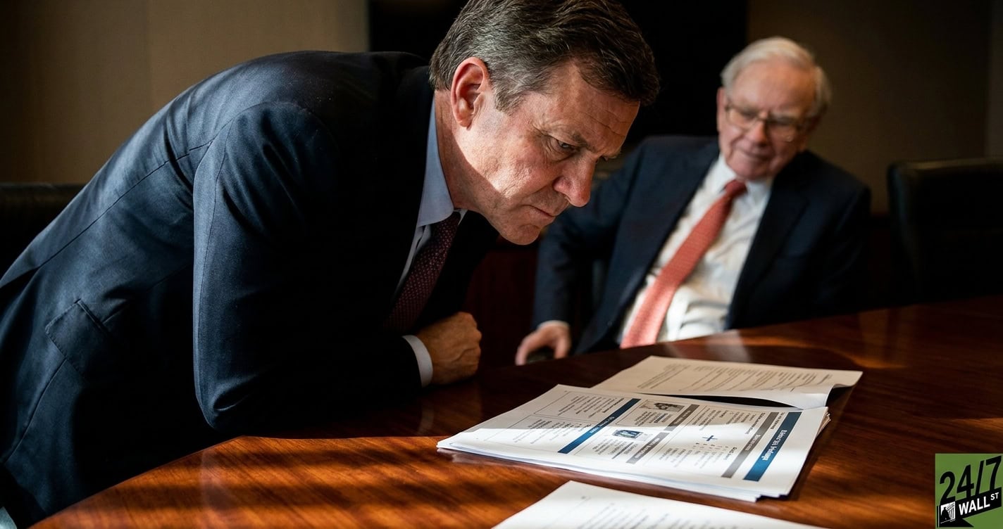 The contrast between the legendary Warren Buffett in the blurred background and Greg Abel in sharp focus creates a powerful visual narrative of a 'passing of the torch' while establishing Abel as the new authority. The low-angle perspective adds a sense of corporate gravity and importance that stops the scroll by signaling a major leadership event.
