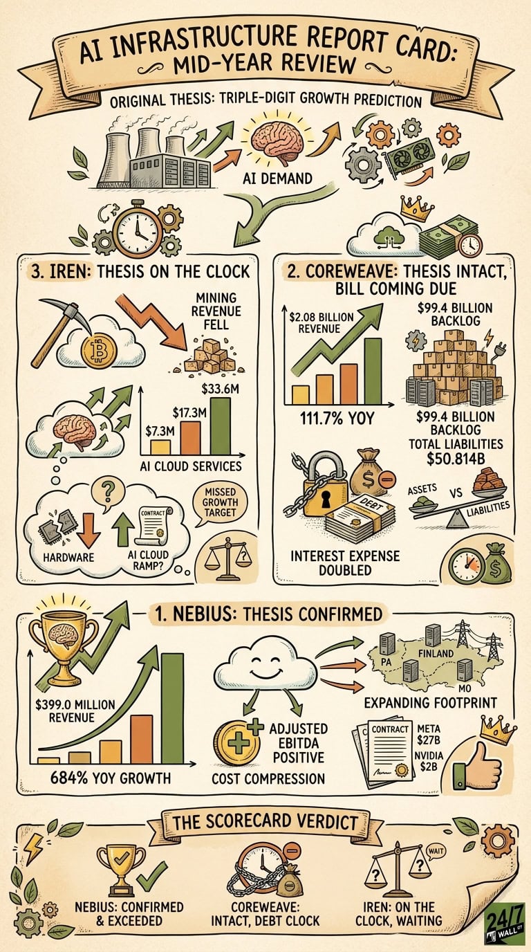 An illustrated financial report card for AI infrastructure companies Nebius, CoreWeave, and IREN, detailing their growth, revenue, and debt statuses with colorful icons and charts.