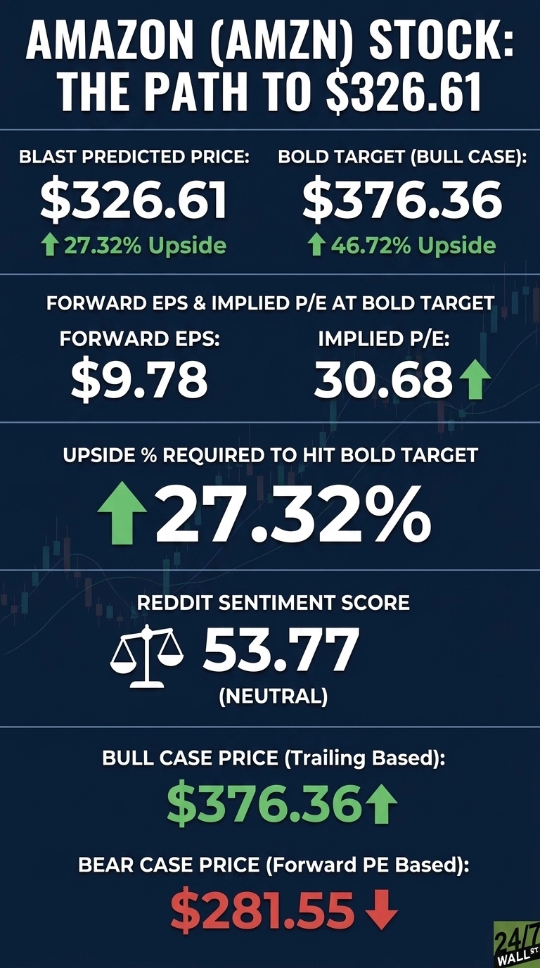 An infographic titled 'AMAZON (AMZN) STOCK: THE PATH TO $326.61' on a dark blue background with white text, green and red numbers. It displays financial data related to Amazon stock predictions. Key sections include: 'BLAST Predicted Price' showing '$326.61' with '27.32% Upside' in green; 'BOLD Target (Bull Case)' showing '$376.36' with '46.72% Upside' in green. Below, 'Forward EPS' is '$9.78' and 'Implied P/E' is '30.68' with a green upward arrow. 'Upside % Required to Hit Bold Target' is '27.32%' with a large green upward arrow. 'Reddit Sentiment Score' is '53.77 (NEUTRAL)' with a balance scale icon. Finally, 'BULL CASE PRICE (Trailing Based)' is '$376.36' with a green upward arrow, and 'BEAR CASE PRICE (Forward PE Based)' is '$281.55' with a red downward arrow. A subtle candlestick chart watermark is in the background, and the '24/7 WALL ST' logo is at the bottom right.