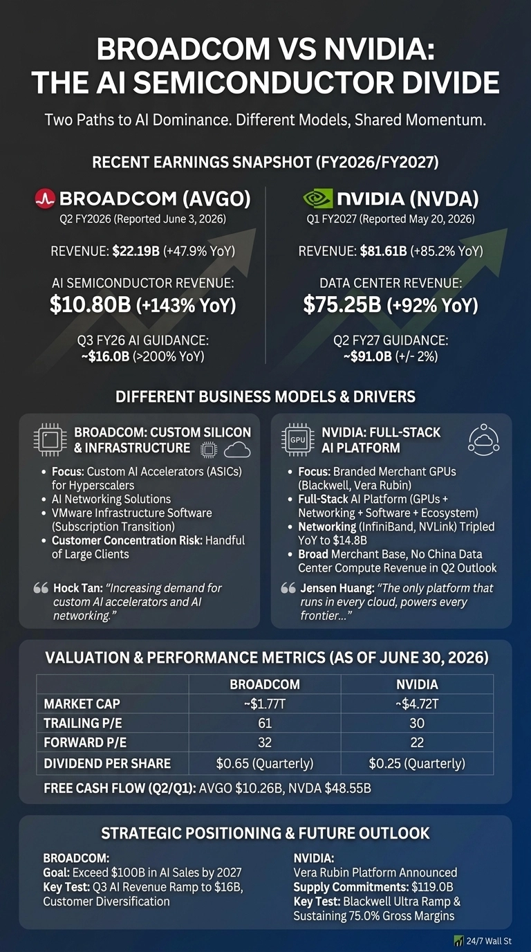An infographic titled 'Broadcom vs Nvidia: The AI Semiconductor Divide'. It is divided into sections comparing Broadcom and Nvidia. The 'Recent Earnings Snapshot' shows Broadcom's Q2 FY2026 revenue at $22.19B and AI semiconductor revenue at $10.80B, with Q3 FY26 AI guidance of ~$16.0B. Nvidia's Q1 FY2027 revenue is $81.61B and data center revenue is $75.25B, with Q2 FY27 guidance of ~$91.0B. 'Different Business Models & Drivers' describes Broadcom's focus on custom AI accelerators and infrastructure, while Nvidia focuses on a full-stack AI platform with branded GPUs. 'Valuation & Performance Metrics (as of June 30, 2026)' table shows Broadcom's market cap at ~$1.77T, trailing P/E 61, forward P/E 32, dividend per share $0.65 (Quarterly), and Q2/Q1 free cash flow $10.26B. Nvidia's market cap is ~$4.72T, trailing P/E 30, forward P/E 22, dividend per share $0.25 (Quarterly), and Q2/Q1 free cash flow $48.55B. 'Strategic Positioning & Future Outlook' section mentions Broadcom's goal to exceed $100B in AI Sales by 2027 and Nvidia's Vera Rubin Platform and Blackwell Ultra Ramp.