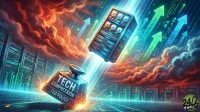 A stylized digital artwork depicting a futuristic data center with multiple server racks. A central, metallic server tower containing hard drives levitates on a bright blue beam, rising past glowing green and blue upward-pointing arrows, symbolizing growth. In the foreground, a heavy, dark gray stamp engraved with 'TECH COMPRESSION FED POLICY' sparks upon impact with the ground. Dramatic orange and red storm clouds fill the upper portion of the scene. The logo '24/7 WALL ST' is visible in the bottom right corner.