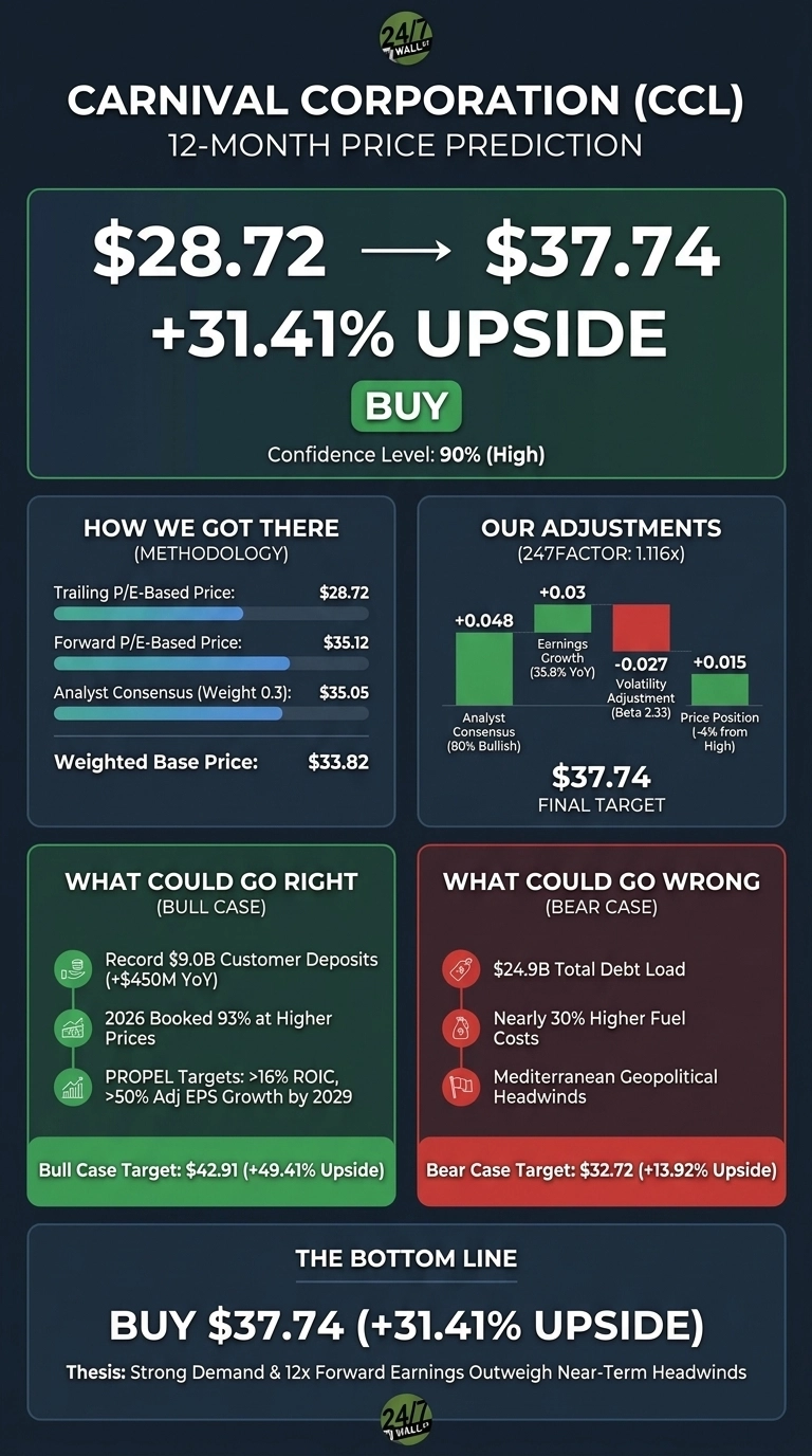 An infographic titled 'Carnival Corporation (CCL) 12-Month Price Prediction'. The top section shows a current price of $28.72 leading to a target price of $37.74, indicating a +31.41% upside, with a 'BUY' recommendation and a confidence level of 90% (High). Below, there are two sections: 'HOW WE GOT THERE (METHODOLOGY)' lists Trailing P/E-Based Price at $28.72, Forward P/E-Based Price at $35.12, Analyst Consensus (Weight 0.3) at $35.05, and Weighted Base Price at $33.82. Adjacent to this, 'OUR ADJUSTMENTS (247FACTOR: 1.116x)' shows a bar chart with values +0.048 for Analyst Consensus (80% Bullish), +0.03 for Earnings Growth (35.8% YoY), -0.027 for Volatility Adjustment (Beta 2.33), and +0.015 for Price Position (-4% from High), leading to a Final Target of $37.74. The lower half of the infographic has 'WHAT COULD GO RIGHT (BULL CASE)' with points like Record $9.0B Customer Deposits, 2026 Booked 93% at Higher Prices, and PROPEL Targets, resulting in a Bull Case Target of $42.91 (+49.41% Upside). Next to it, 'WHAT COULD GO WRONG (BEAR CASE)' lists $24.9B Total Debt Load, Nearly 30% Higher Fuel Costs, and Mediterranean Geopolitical Headwinds, with a Bear Case Target of $32.72 (+13.92% Upside). The bottom section, 'THE BOTTOM LINE', reiterates 'BUY $37.74 (+31.41% UPSIDE)' and states the thesis: Strong Demand & 12x Forward Earnings Outweigh Near-Term Headwinds.