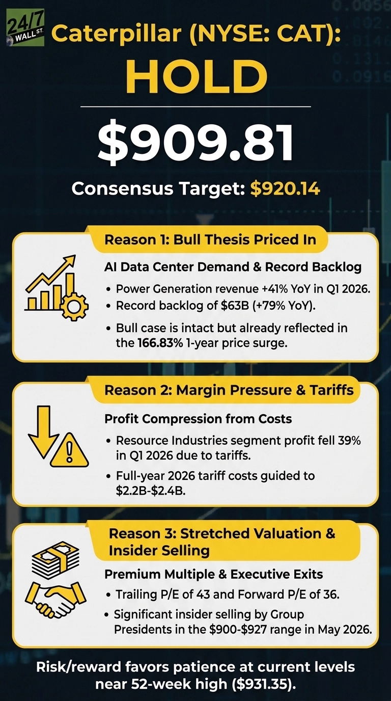 An infographic with a dark background and yellow and white text provides a 'HOLD' rating for Caterpillar (NYSE: CAT). The current stock price is $909.81 and the consensus target is $920.14. Three rectangular sections, each with a yellow header, list reasons for the 'Hold' rating. Reason 1: Bull Thesis Priced In, with an icon of a rising bar chart and gear. It details AI data center demand & record backlog, a 41% YoY increase in Power Generation revenue in Q1 2026, a record backlog of $63B (+79% YoY), and that the bull case is intact but already reflected in the 166.83% 1-year price surge. Reason 2: Margin Pressure & Tariffs, with an icon of a downward arrow and an exclamation mark. It notes Profit Compression from Costs, a 39% profit drop in Resource Industries segment in Q1 2026 due to tariffs, and full-year 2026 tariff costs guided to $2.2B-$2.4B. Reason 3: Stretched Valuation & Insider Selling, with an icon of a stack of money and a handshake. It mentions Premium Multiple & Executive Exits, a trailing P/E of 43 and forward P/E of 36, and significant insider selling by Group Presidents in the $900-$927 range in May 2026. A final statement at the bottom reads: 'Risk/reward favors patience at current levels near 52-week high ($931.35).'