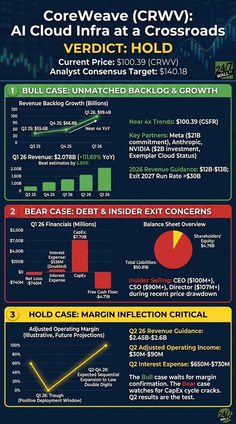 An infographic titled 'CoreWeave (CRWV): AI Cloud Infra at a Crossroads. VERDICT: HOLD'. It displays a current price of $100.39 and an analyst consensus target of $140.18. The infographic is divided into three sections.

Section 1, 'BULL CASE: UNMATCHED BACKLOG & GROWTH', features a line chart showing Revenue Backlog Growth from Q3 2025 ($55.6B) to Q1 2026 ($99.4B). Below, a bar chart depicts Q1 2026 Revenue at $2.078B. Text highlights key partners like Meta and NVIDIA, and provides 2026 Revenue Guidance of $12B-$13B.

Section 2, 'BEAR CASE: DEBT & INSIDER EXIT CONCERNS', presents Q1 2026 Financials with bar charts for CapEx ($7.70B), Interest Expense ($536M), Net Loss (-$740M), and Free Cash Flow (-$4.71B). A balance sheet overview includes a pie chart showing Shareholders' Equity ($4.76B) against Total Liabilities ($50.81B). Insider selling from CEO, CSO, and Director is noted.

Section 3, 'HOLD CASE: MARGIN INFLECTION CRITICAL', shows a line graph of Adjusted Operating Margin (Illustrative, Future Projections) indicating a Q1 2026 trough and expected sequential expansion to low double digits from Q2-Q4 2026. Accompanying text provides Q2 2026 Revenue Guidance of $2.45B-$2.6B, Q2 Adjusted Operating Income of $30M-$90M, and Q2 Interest Expense of $650M-$730M.