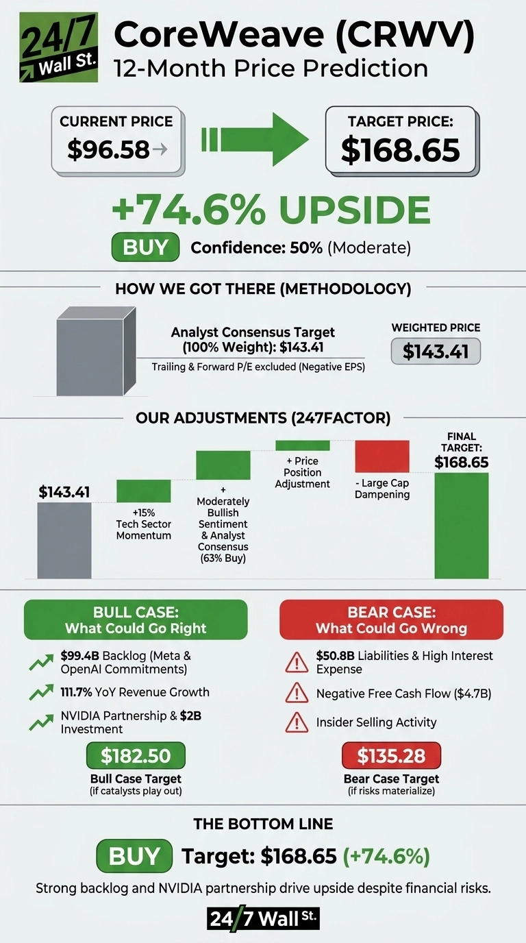 An infographic titled 'CoreWeave (CRWV) 12-Month Price Prediction' by 24/7 Wall St. It displays a current price of $96.58 and a target price of $168.65, indicating a +74.6% upside with a 'BUY' recommendation and 50% moderate confidence. The methodology section shows an initial analyst consensus target of $143.41, adjusted upwards by factors like 15% tech sector momentum, moderately bullish sentiment (63% Buy), and price position adjustment, and slightly dampened by large-cap considerations, leading to the $168.65 final target. A green 'Bull Case' section lists positive factors: $99.4B backlog, 111.7% YoY revenue growth, and NVIDIA partnership, with a target of $182.50. A red 'Bear Case' section lists risks: $50.8B liabilities, negative free cash flow ($4.7B), and insider selling, with a target of $135.28. The bottom line reiterates a 'BUY' recommendation with a $168.65 target price.
