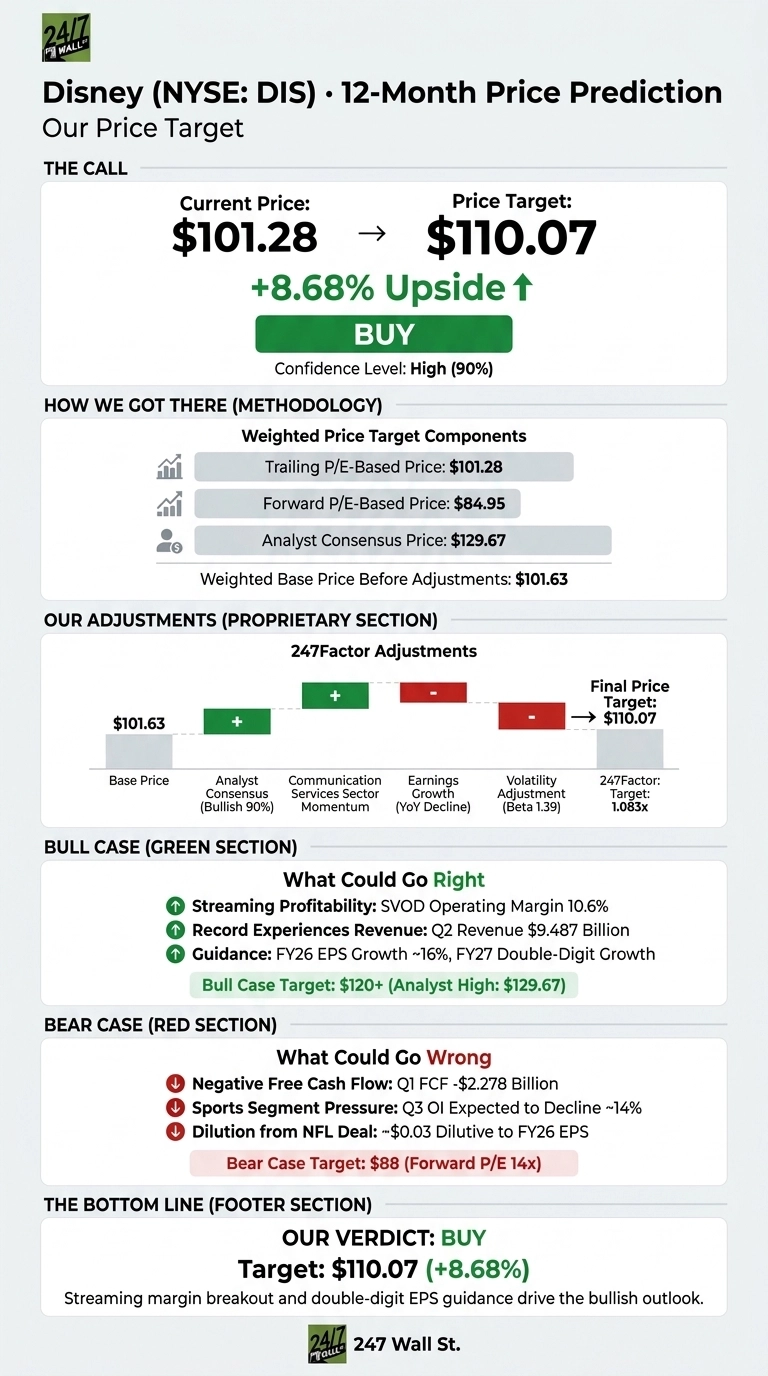 An infographic titled 'Disney (NYSE: DIS) • 12-Month Price Prediction' by 24/7 Wall St. The call section shows a current price of $101.28, a price target of $110.07, indicating an 8.68% upside with a 'BUY' recommendation and High (90%) confidence. The methodology details weighted price target components: Trailing P/E-Based Price $101.28, Forward P/E-Based Price $84.95, and Analyst Consensus Price $129.67, leading to a weighted base price of $101.63. The 247Factor Adjustments section illustrates how a base price of $101.63 is adjusted by factors like Analyst Consensus, Communication Services Sector Momentum (positive), Earnings Growth (YoY Decline), and Volatility Adjustment (negative), resulting in the final price target of $110.07. The Bull Case (green section) highlights positive factors such as Streaming Profitability with SVOD Operating Margin 10.6%, Record Experiences Revenue of Q2 $9.487 Billion, and guidance for FY26 EPS Growth ~16% and FY27 Double-Digit Growth, with a Bull Case Target of $120+. The Bear Case (red section) lists risks including Negative Free Cash Flow of Q1 FCF -$2.278 Billion, Sports Segment Pressure with Q3 OI expected to decline ~14%, and Dilution from NFL Deal of -$0.03 Dilutive to FY26 EPS, with a Bear Case Target of $88. The bottom line reiterates the verdict as 'BUY' with a target of $110.07 (+8.68%) driven by streaming margin breakout and double-digit EPS guidance.