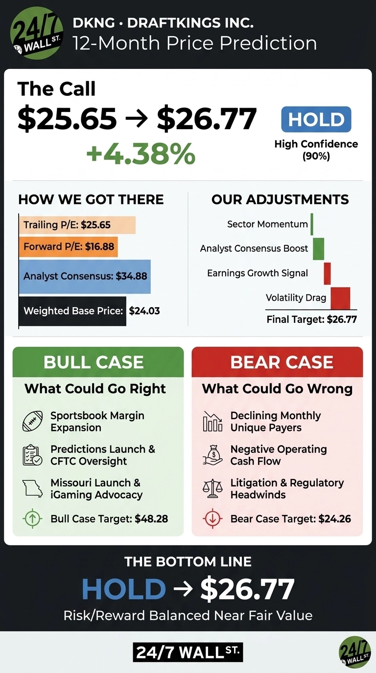 An infographic titled 'DKNG • DRAFTKINGS INC. 12-Month Price Prediction' from 24/7 Wall St. The call indicates a price change from $25.65 to $26.77, representing a +4.38% increase, with a 'HOLD' recommendation and High Confidence (90%). A section 'HOW WE GOT THERE' lists Trailing P/E: $25.65, Forward P/E: $16.88, Analyst Consensus: $34.88, and Weighted Base Price: $24.03. Another section 'OUR ADJUSTMENTS' shows a bar chart with positive adjustments for Sector Momentum and Analyst Consensus Boost, and negative adjustments for Earnings Growth Signal and Volatility Drag, leading to a Final Target of $26.77. The 'BULL CASE - What Could Go Right' section lists Sportsbook Margin Expansion, Predictions Launch & CFTC Oversight, and Missouri Launch & iGaming Advocacy, with a Bull Case Target of $48.28. The 'BEAR CASE - What Could Go Wrong' section lists Declining Monthly Unique Payers, Negative Operating Cash Flow, and Litigation & Regulatory Headwinds, with a Bear Case Target of $24.26. The bottom line states 'HOLD -> $26.77 Risk/Reward Balanced Near Fair Value'.